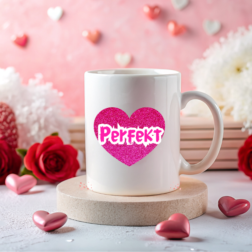 Weiße 330 ml Keramiktasse mit rosa Glitzerherz und den Schriftzügen „Du + Ich“, „Ich + Du“ und „Perfekt“ – romantisches Geschenk für Paare und Verliebte.
