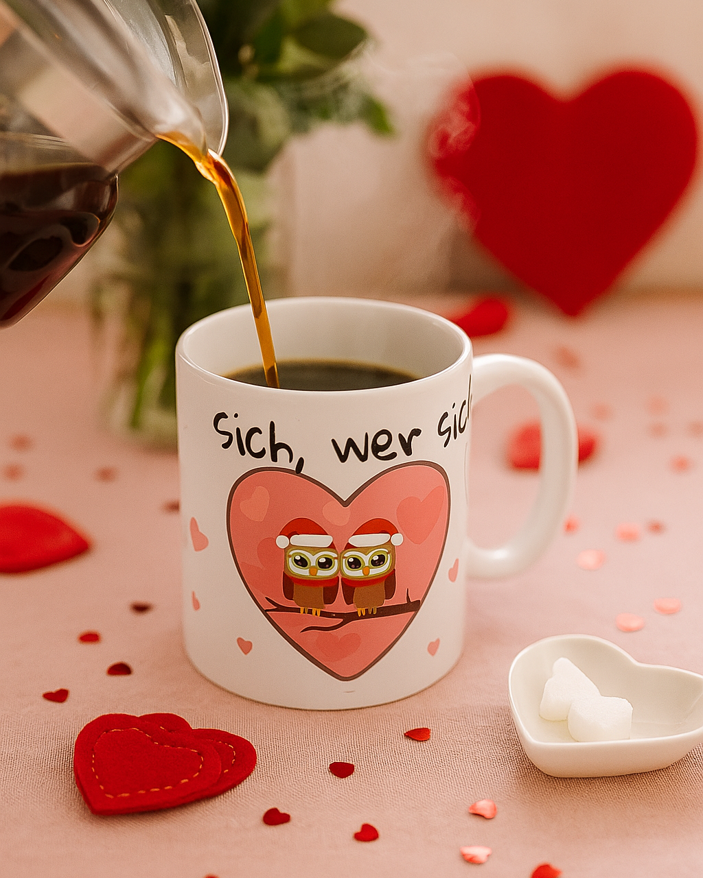 Weiße 330 ml Keramiktasse mit dem Spruch „Eulen sich, wer sich liebt“ sowie zwei niedlichen Eulen in einem rosa Herz – romantische Geschenktasse für Paare.