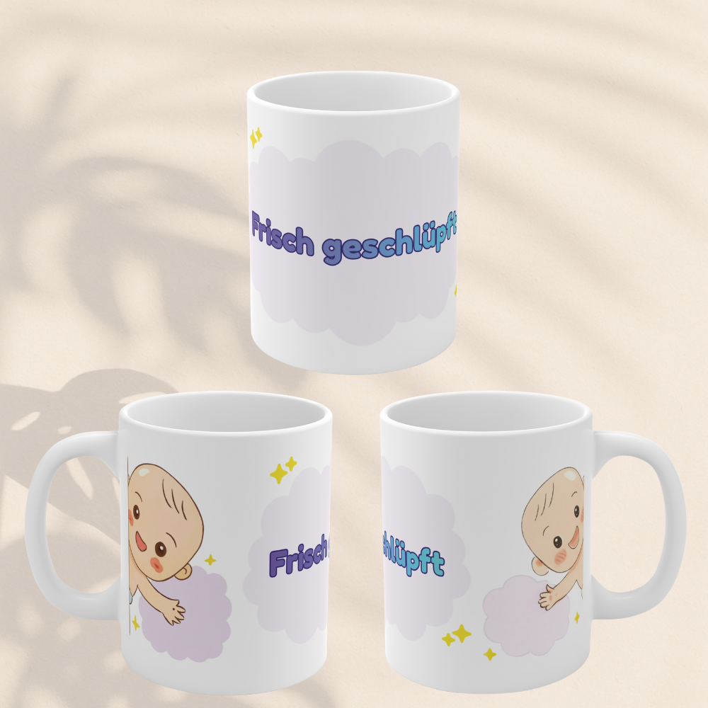 Baby Tasse – Frisch geschlüpft | Geschenk zur Geburt | Lustige Babytasse 330 ml