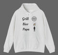 Aschfarbener Hoodie mit dem Schriftzug „Grill Bier Papa“ sowie Symbolen für Grill, Bier und Papa – ideales Design für Grillfans.