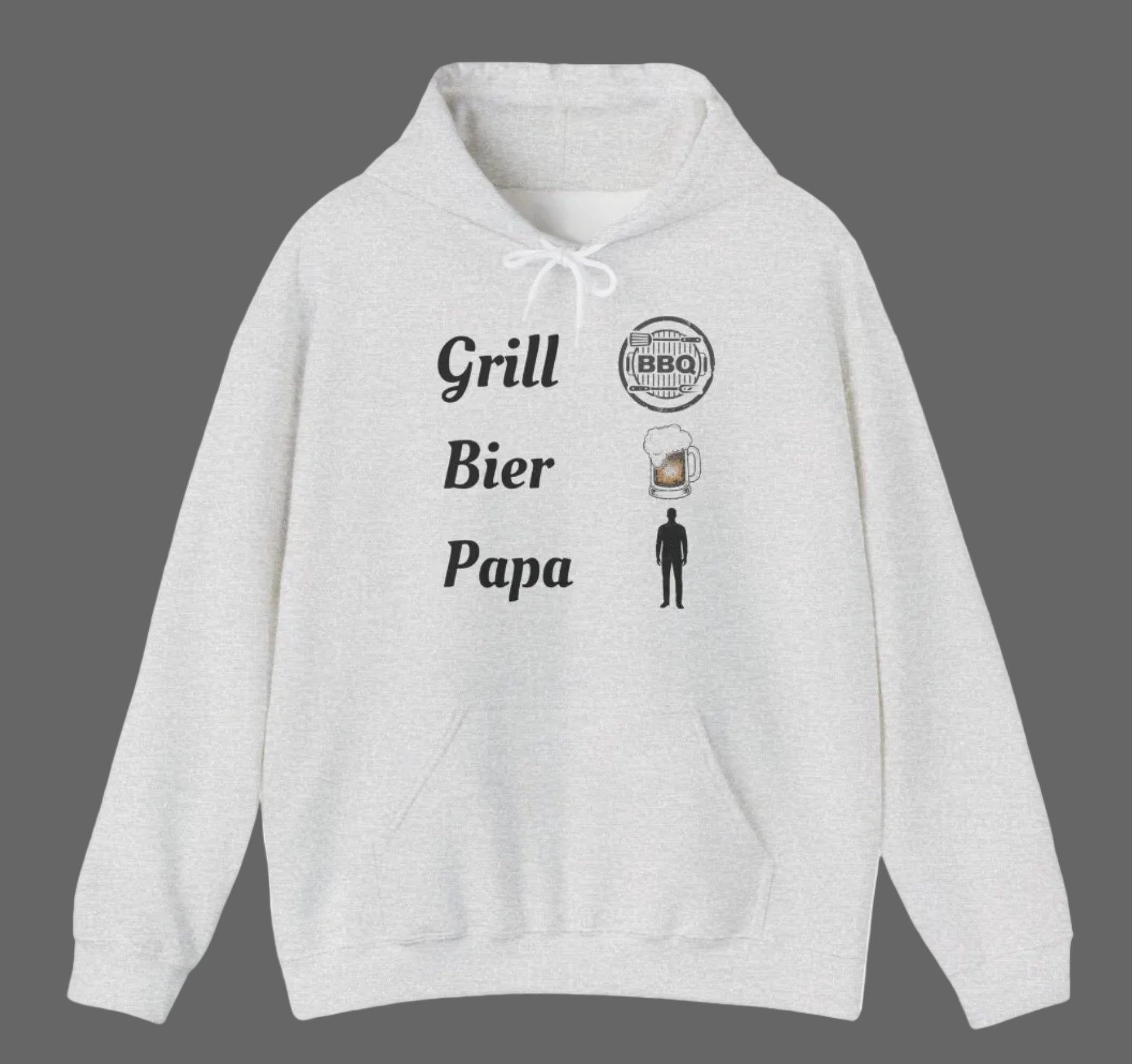 Aschfarbener Hoodie mit dem Schriftzug „Grill Bier Papa“ sowie Symbolen für Grill, Bier und Papa – ideales Design für Grillfans.
