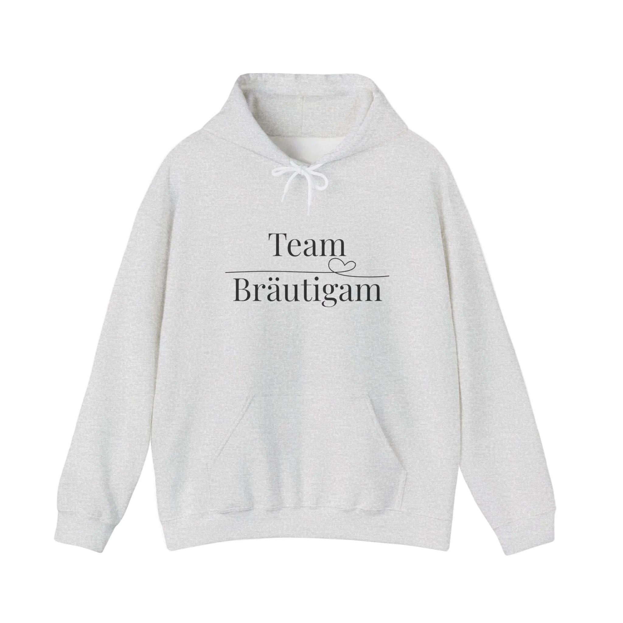 Weißer Unisex Hoodie mit schlichtem schwarzen Schriftzug „Team Bräutigam“ und kleinem Herz – ideal für Junggesellenabschiede und Hochzeiten.
