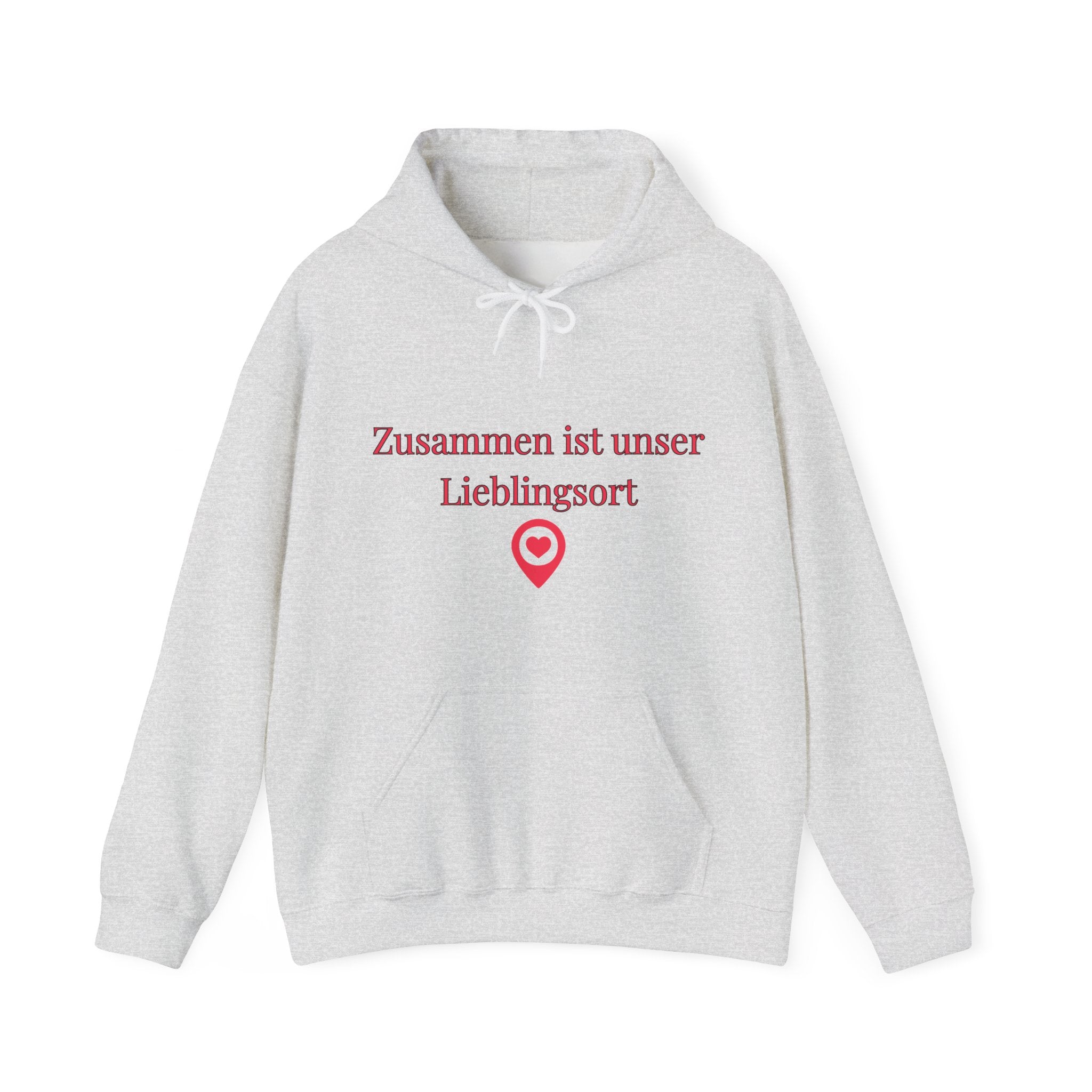 Weißer Unisex Hoodie mit dem romantischen Schriftzug „Zusammen ist unser Lieblingsort“ und einem Herzsymbol – Geschenk für Paare und Verliebte.