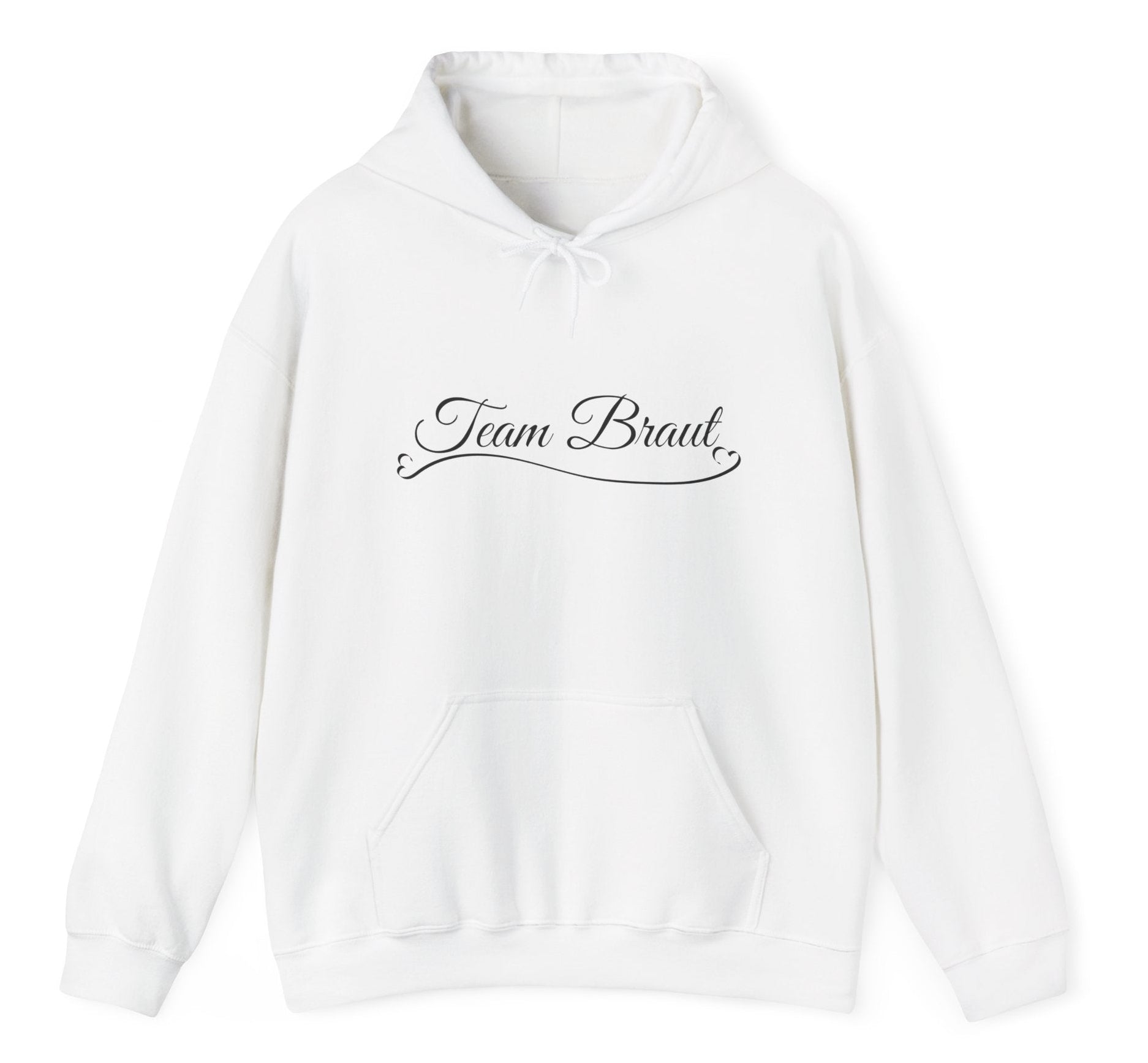 Weißer Unisex Hoodie mit elegantem Schriftzug „Team Braut“ und Herzdetail – ideal für Junggesellinnenabschied, Brautjungfern und Hochzeiten.