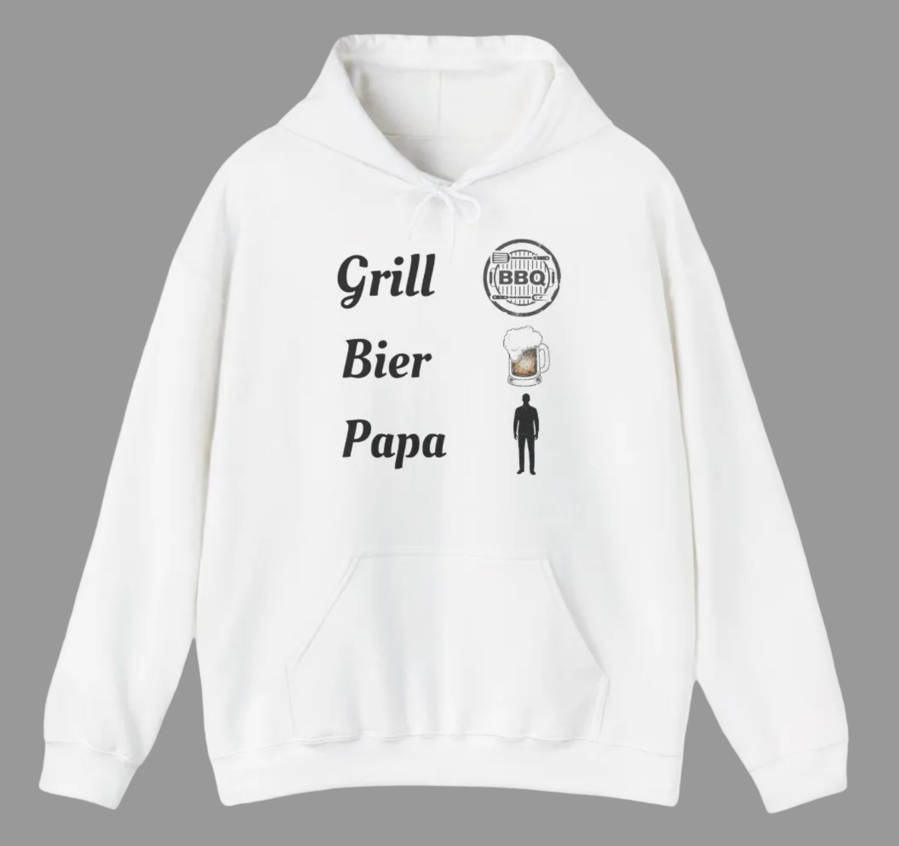 Weißer Hoodie mit dem Schriftzug „Grill Bier Papa“ sowie Symbolen für Grill, Bier und Papa – ideales Design für Grillfans.