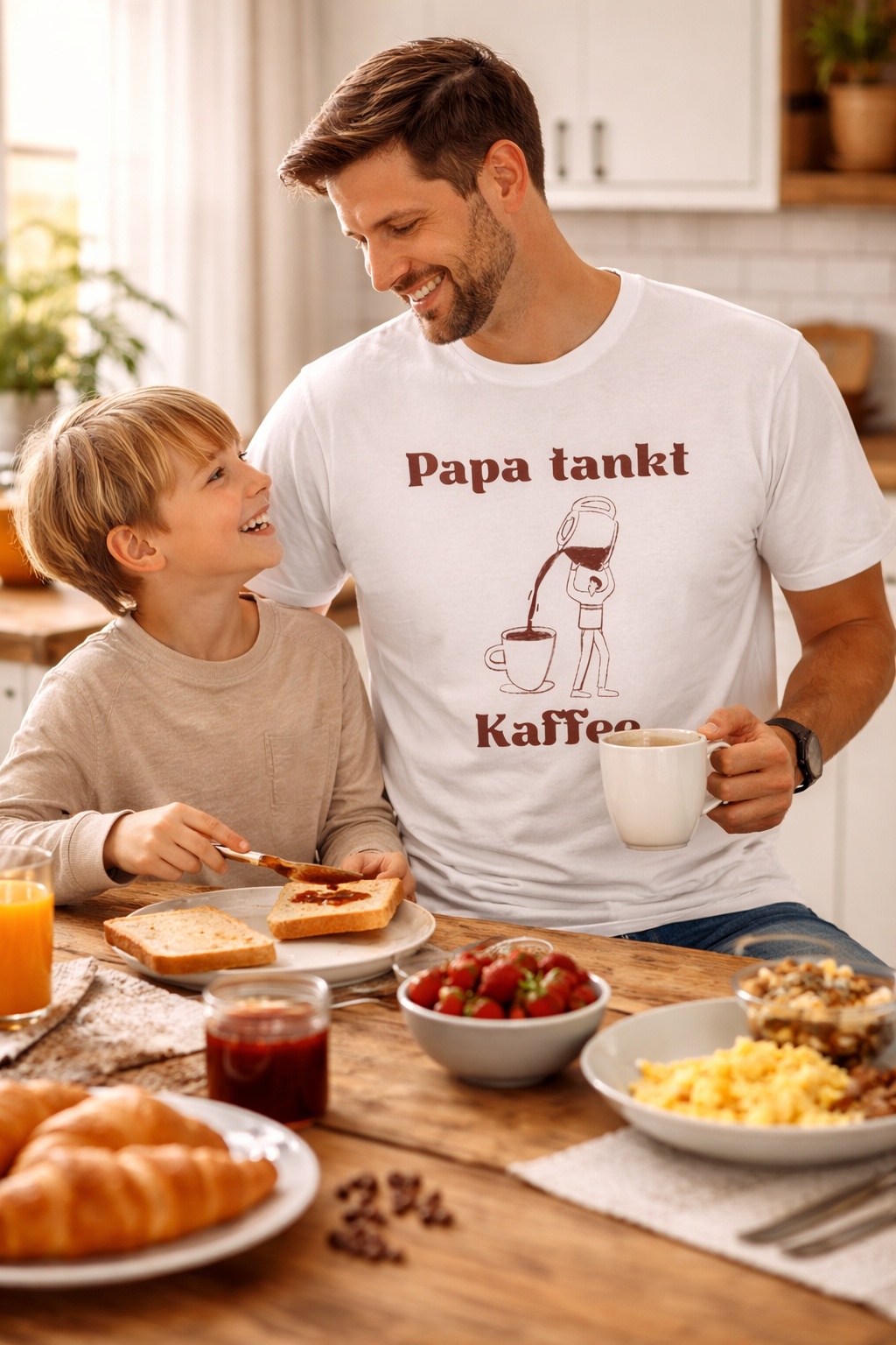 Weißes und sandfarbenes Unisex T-Shirt mit dem Aufdruck „Papa tankt Kaffee“ und einer humorvollen Illustration einer Person, die Kaffee aus einer großen Kanne in eine Tasse gießt.