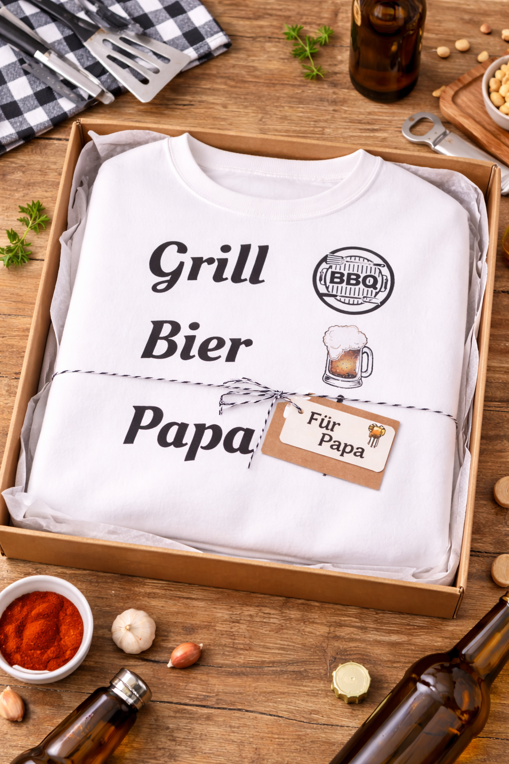 Weißes und aschefarbenes Unisex-Sweatshirt mit dem Aufdruck „Grill. Bier. Papa.“ sowie Symbolen für BBQ, Bierkrug und Papa – humorvolles Design für Grillfans.