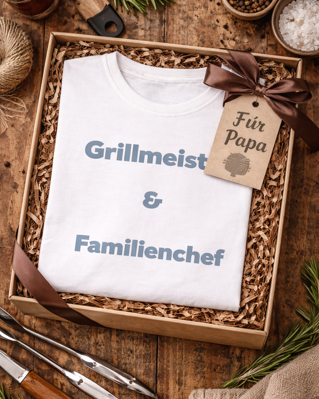 Weißes Unisex T-Shirt mit dem Aufdruck „Grillmeister & Familienchef“ als Geschenkidee für Papa, Grillfans und Familienmenschen.