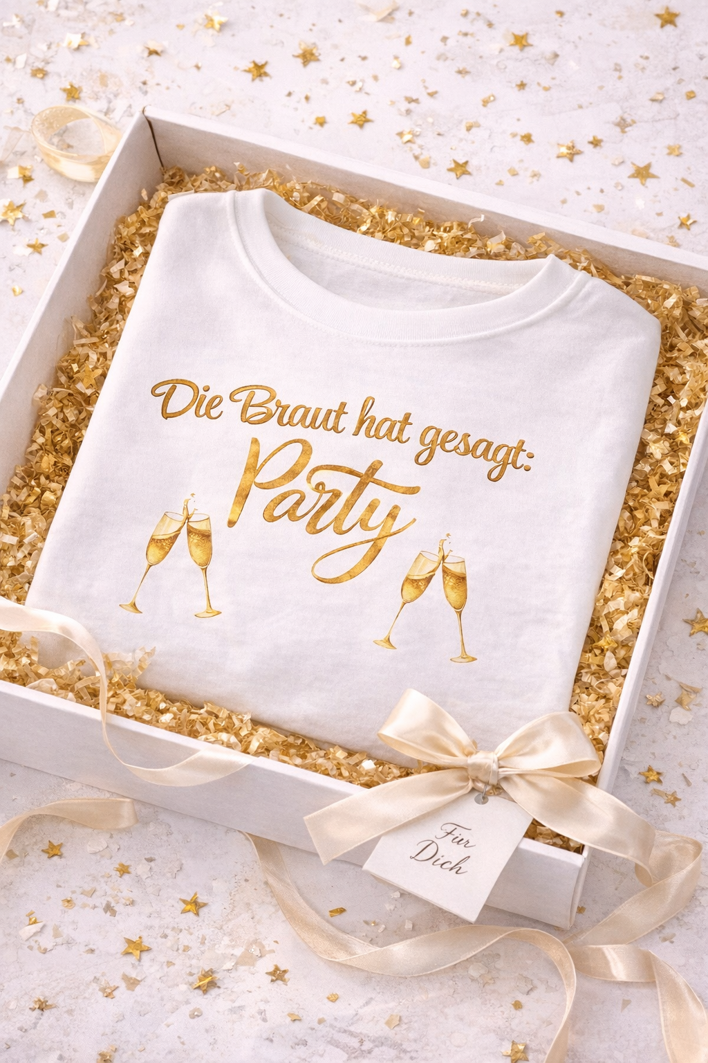 Weißes Unisex Sweatshirt mit dem Schriftzug „Die Braut hat gesagt: Party“ und goldenen Sektgläsern – ideales Outfit für den Junggesellinnenabschied.