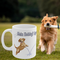 Weiße 330 ml Keramiktasse mit dem Spruch „Mein Hobby? Apportieren & Herzen klauen“, einem niedlichen Hund, Herz- und Pfotenmotiv – Geschenk für Hundeliebhaber.