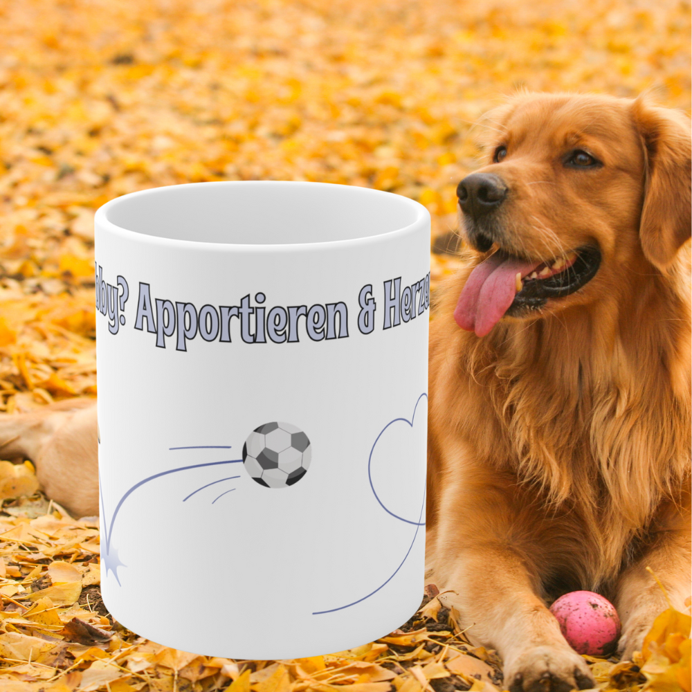 Weiße 330 ml Keramiktasse mit dem Spruch „Mein Hobby? Apportieren & Herzen klauen“, einem niedlichen Hund, Herz- und Pfotenmotiv – Geschenk für Hundeliebhaber.