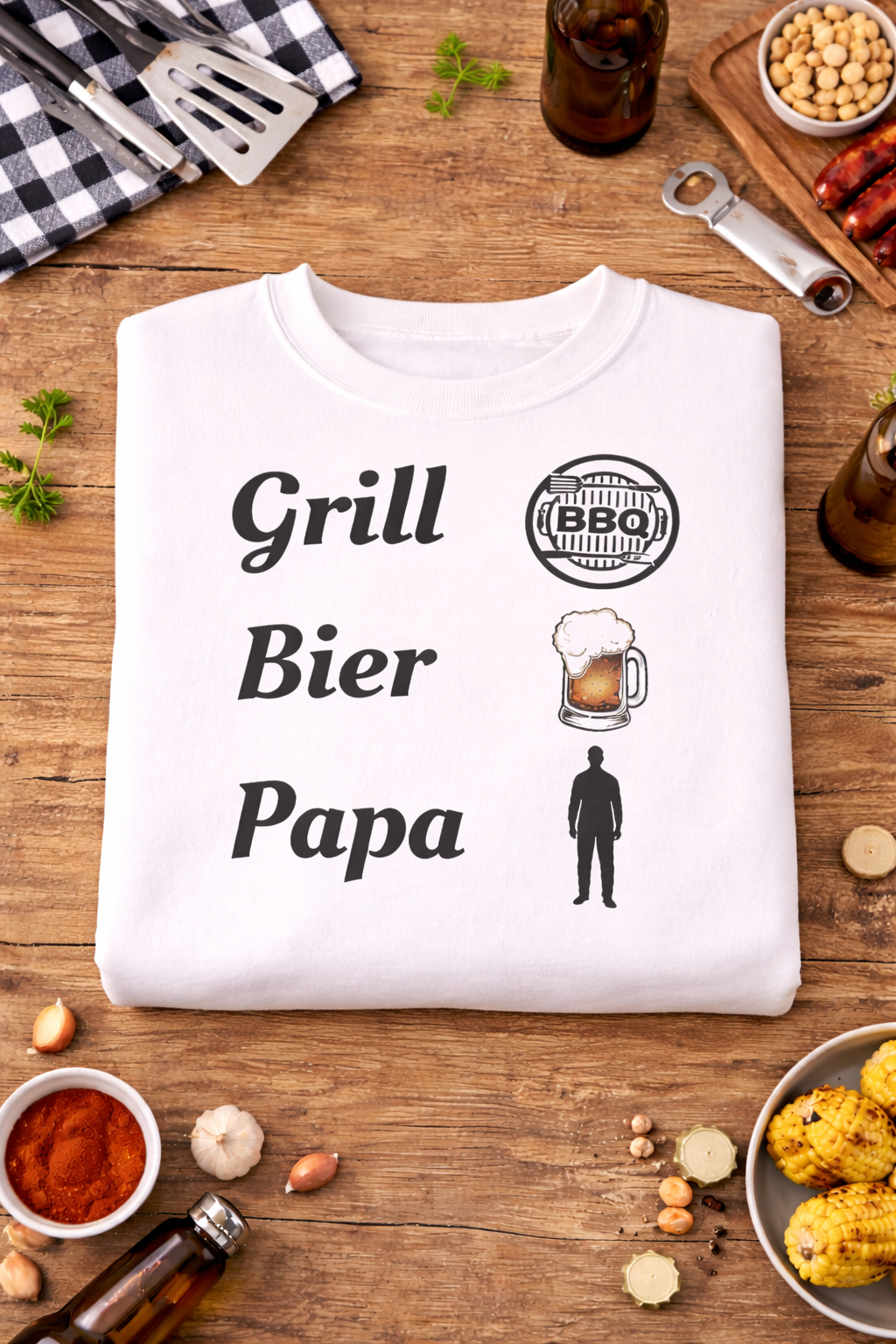 Weißes und aschefarbenes Unisex-Sweatshirt mit dem Aufdruck „Grill. Bier. Papa.“ sowie Symbolen für BBQ, Bierkrug und Papa – humorvolles Design für Grillfans.