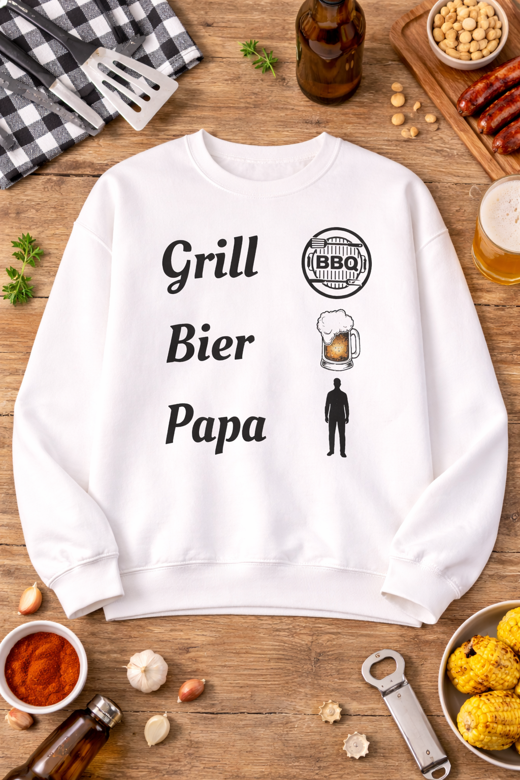 Weißes und aschefarbenes Unisex-Sweatshirt mit dem Aufdruck „Grill. Bier. Papa.“ sowie Symbolen für BBQ, Bierkrug und Papa – humorvolles Design für Grillfans.