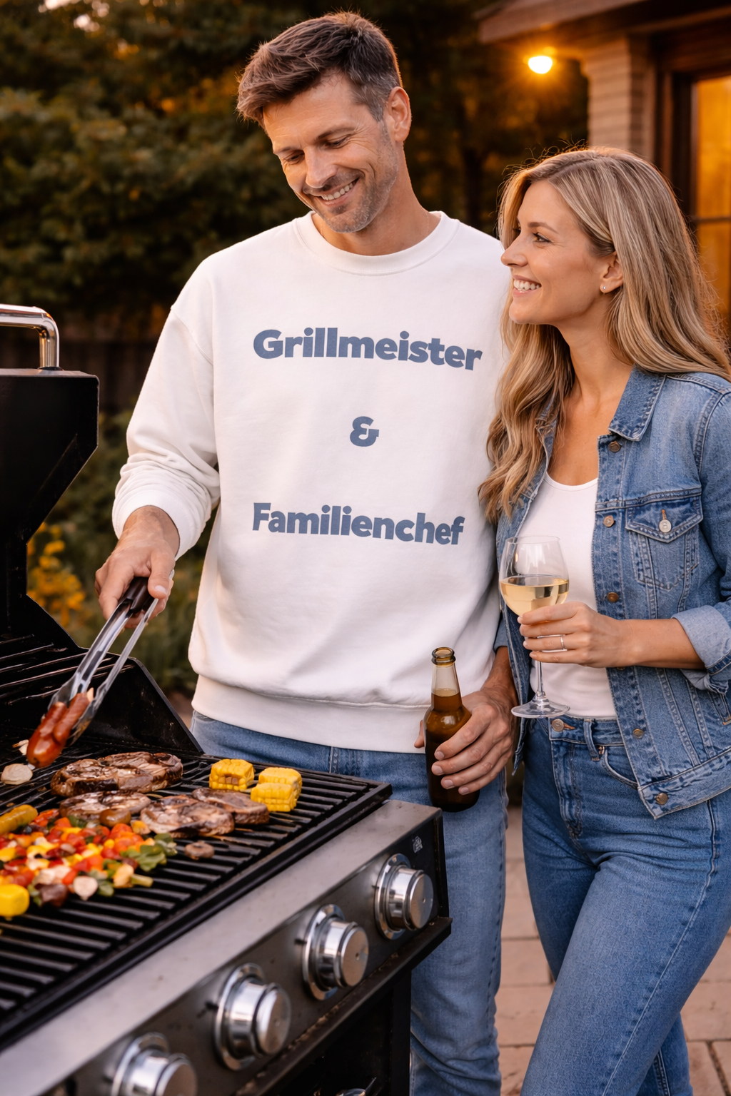 Weißes oder aschgraues Unisex Sweatshirt mit dem Spruch „Grillmeister & Familienchef“ als Geschenkidee für Papa, Grillfans und Familienmenschen.