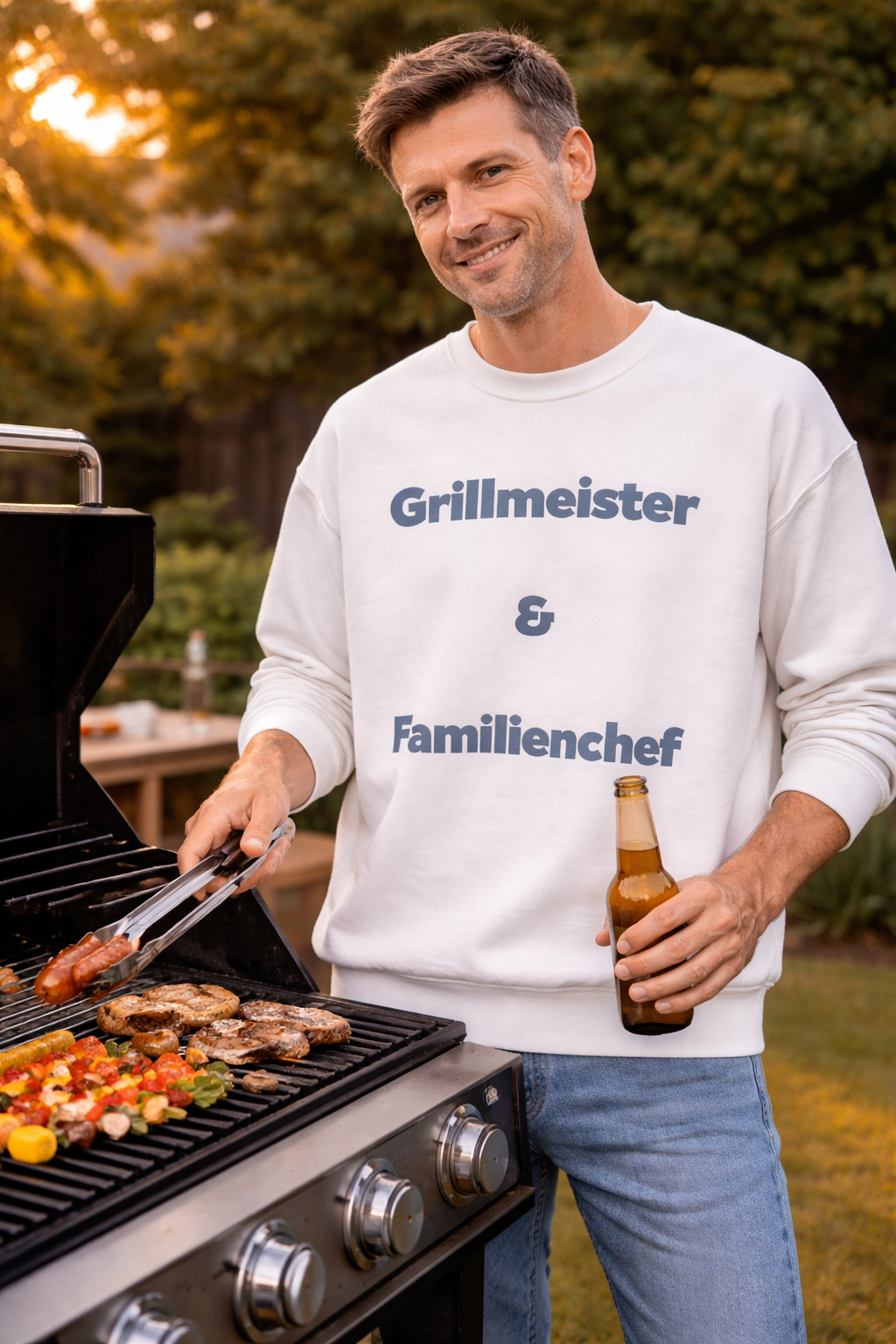 Weißes oder aschgraues Unisex Sweatshirt mit dem Spruch „Grillmeister & Familienchef“ als Geschenkidee für Papa, Grillfans und Familienmenschen.