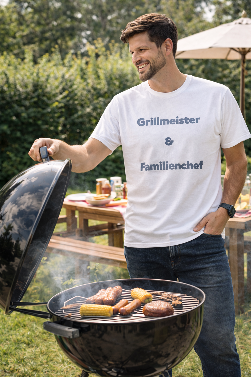 Weißes Unisex T-Shirt mit dem Aufdruck „Grillmeister & Familienchef“ als Geschenkidee für Papa, Grillfans und Familienmenschen.