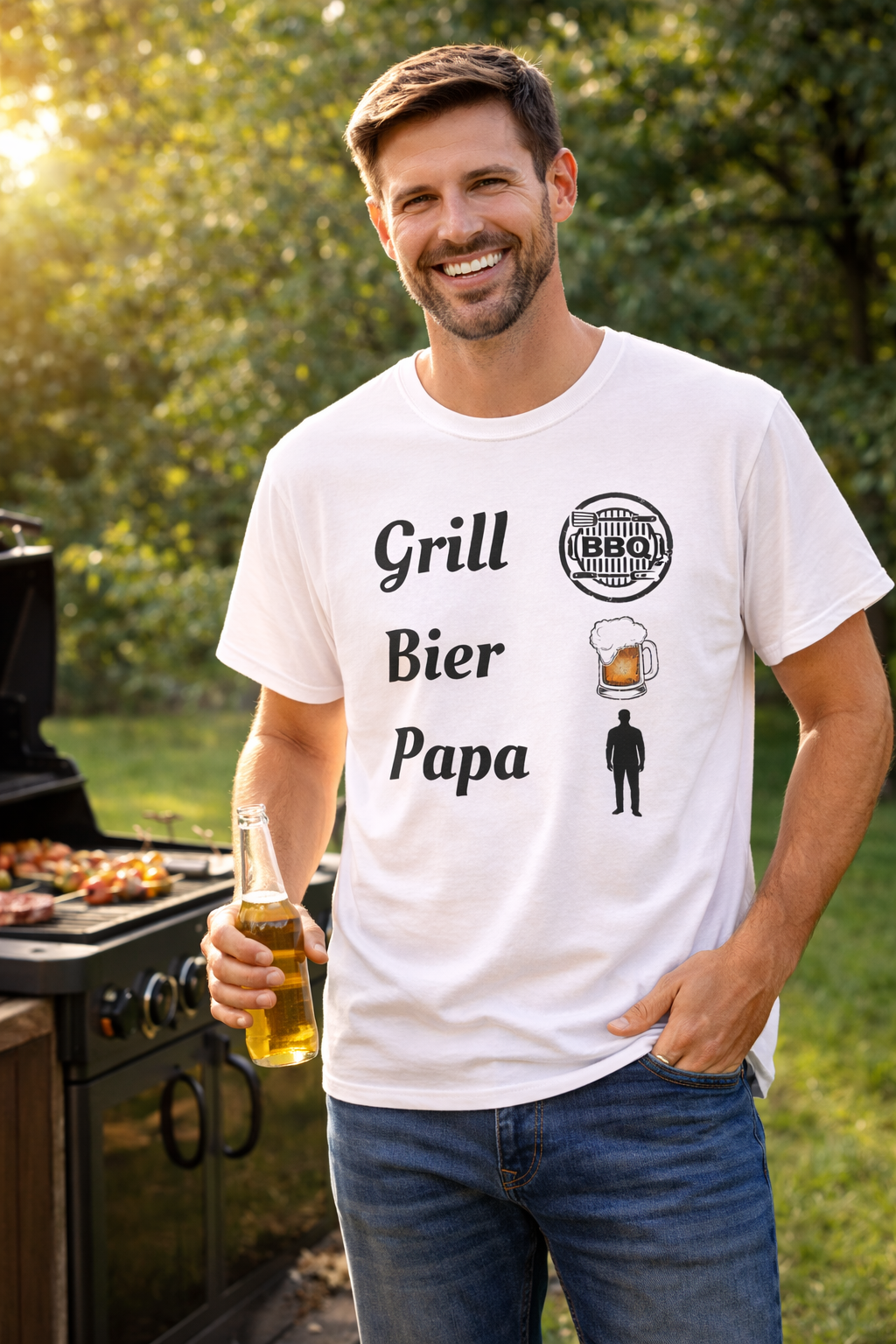 Papa T-Shirt „Grill Bier Papa“ – Lustiges Grillshirt für Väter – BBQ Herren Shirt