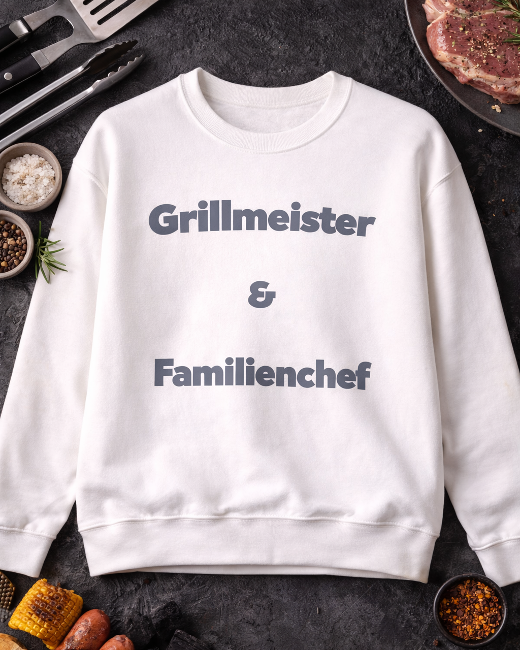 Weißes oder aschgraues Unisex Sweatshirt mit dem Spruch „Grillmeister & Familienchef“ als Geschenkidee für Papa, Grillfans und Familienmenschen.