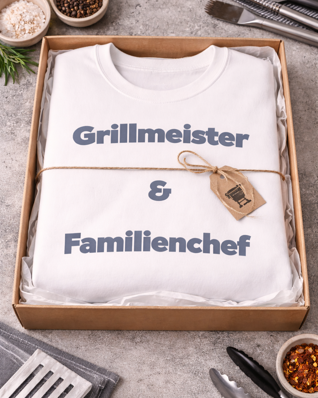 Weißes oder aschgraues Unisex Sweatshirt mit dem Spruch „Grillmeister & Familienchef“ als Geschenkidee für Papa, Grillfans und Familienmenschen.