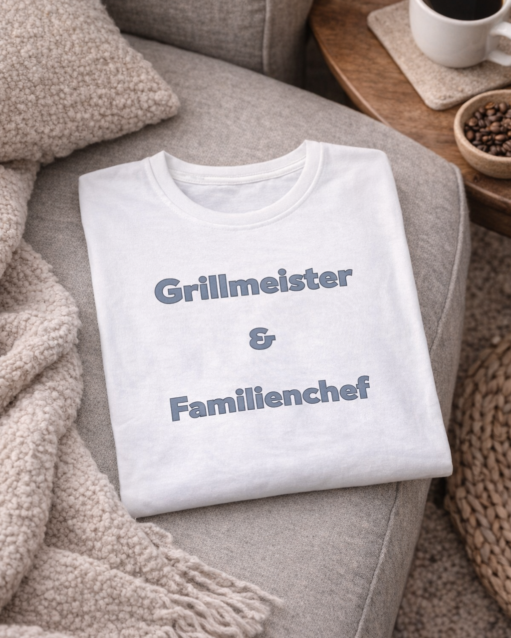Weißes Unisex T-Shirt mit dem Aufdruck „Grillmeister & Familienchef“ als Geschenkidee für Papa, Grillfans und Familienmenschen.