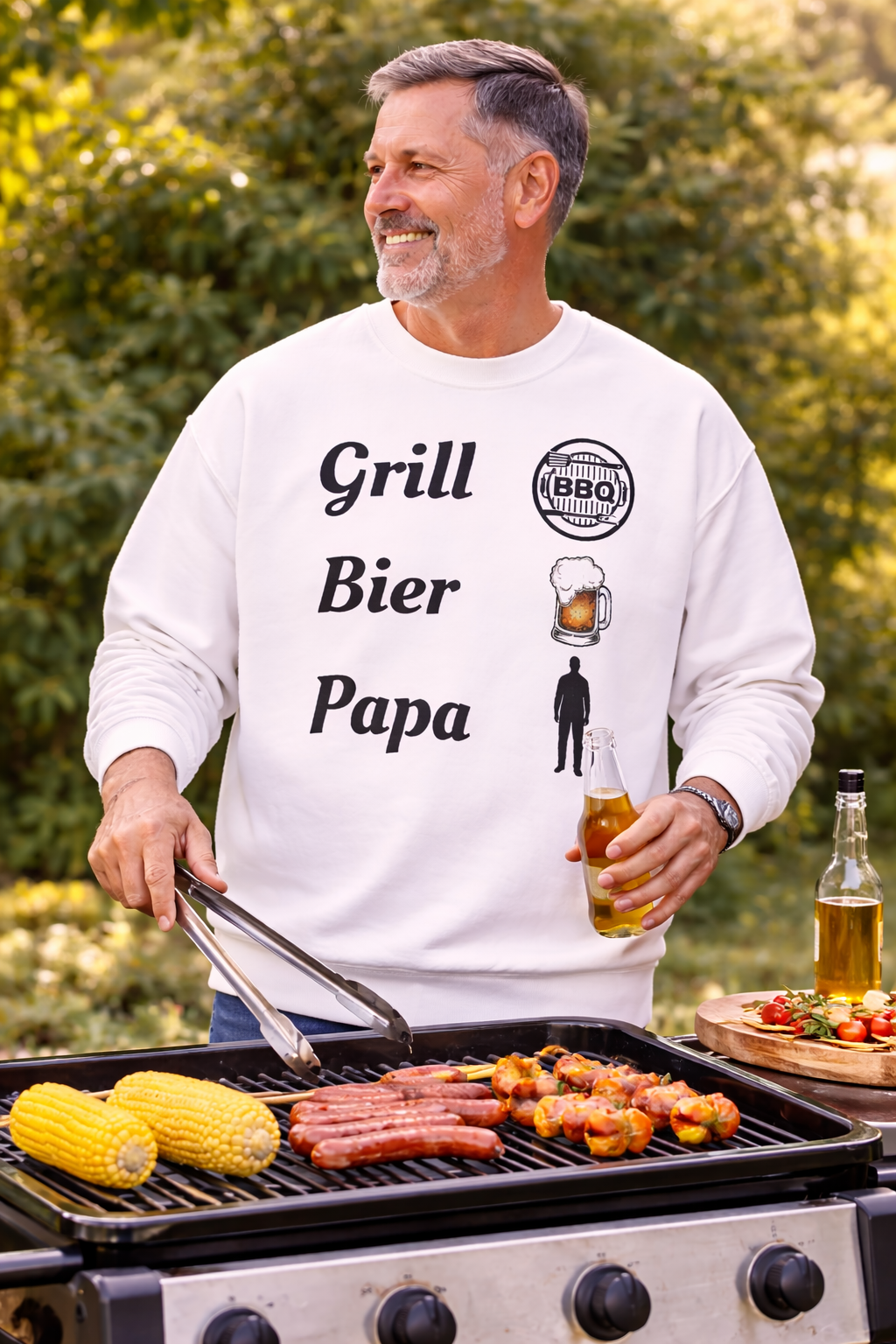 Weißes und aschefarbenes Unisex-Sweatshirt mit dem Aufdruck „Grill. Bier. Papa.“ sowie Symbolen für BBQ, Bierkrug und Papa – humorvolles Design für Grillfans.