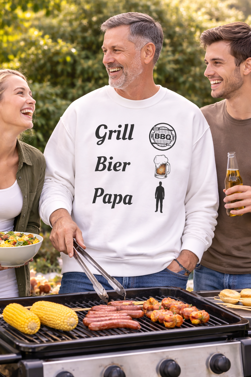 Weißes und aschefarbenes Unisex-Sweatshirt mit dem Aufdruck „Grill. Bier. Papa.“ sowie Symbolen für BBQ, Bierkrug und Papa – humorvolles Design für Grillfans.