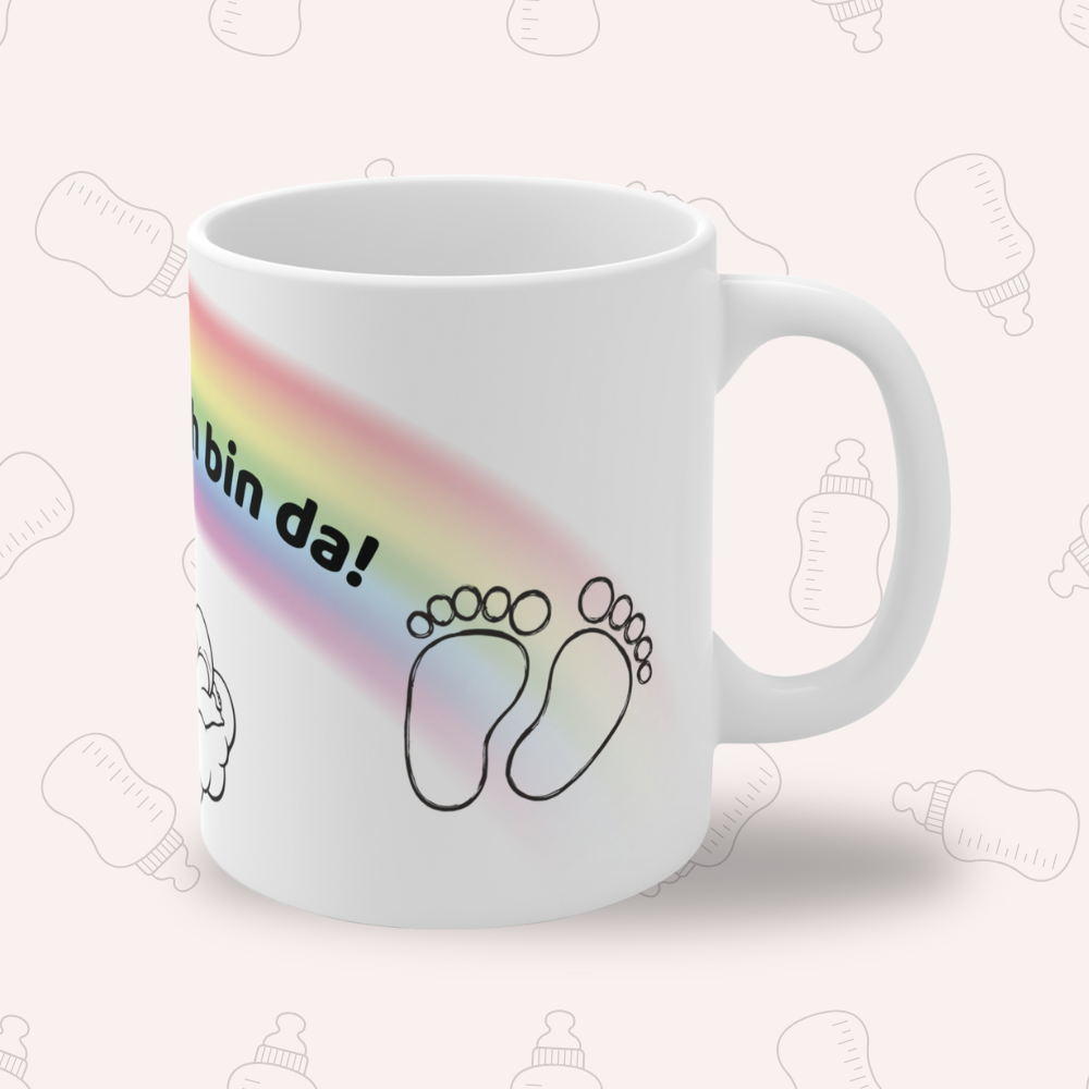 Baby Tasse – Hallo Welt ich bin da | Geschenk zur Geburt | Regenbogen Baby Tasse 330 ml