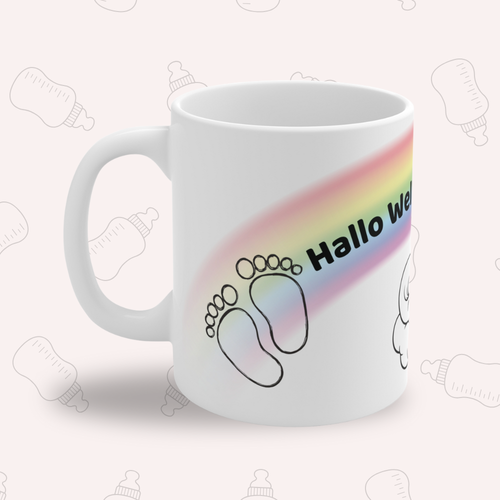 Baby Tasse – Hallo Welt ich bin da | Geschenk zur Geburt | Regenbogen Baby Tasse 330 ml