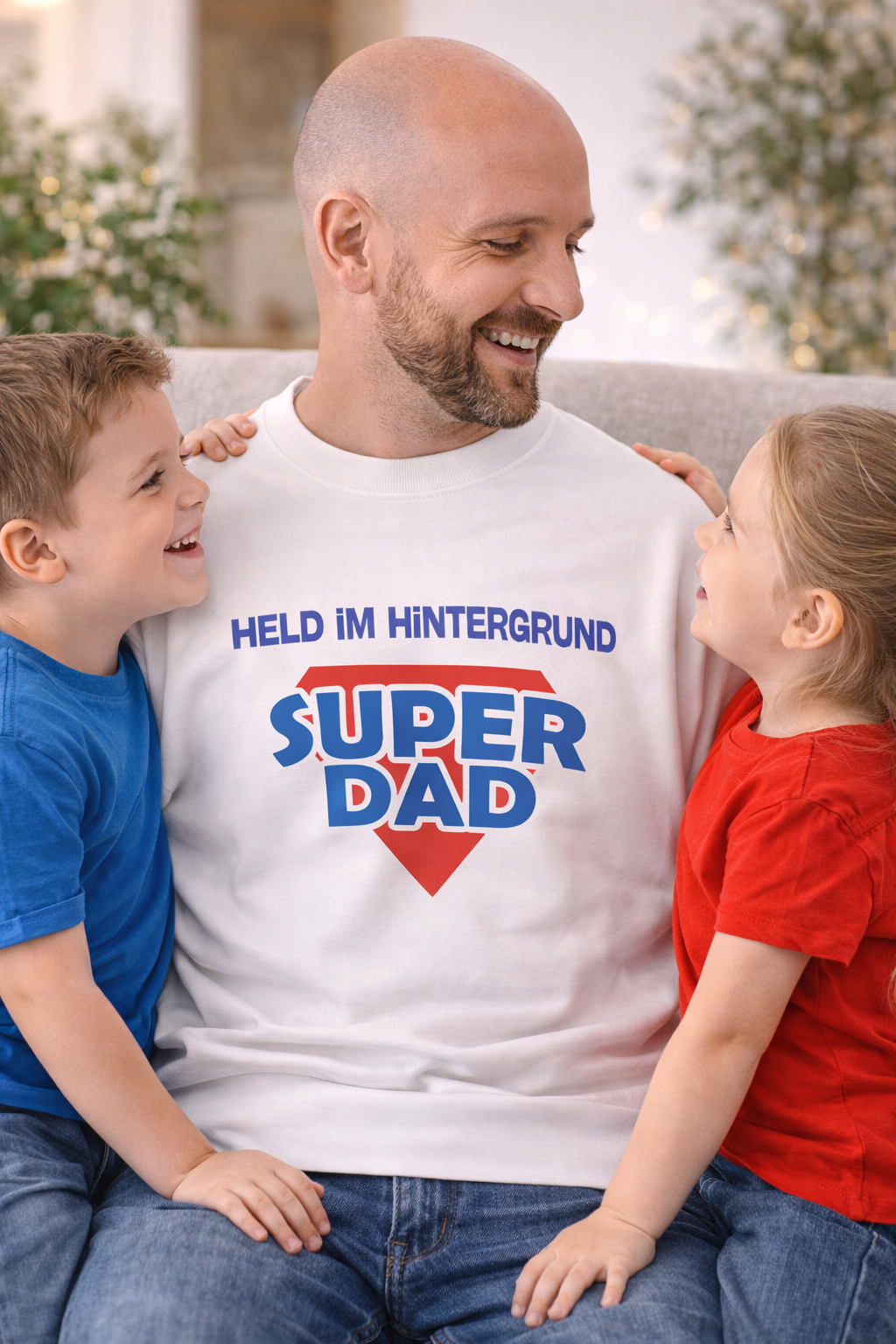 Weißes Unisex Sweatshirt mit dem Aufdruck „Held im Hintergrund – Super Dad“ als Geschenkidee für Papa zum Vatertag, Geburtstag oder Weihnachten.