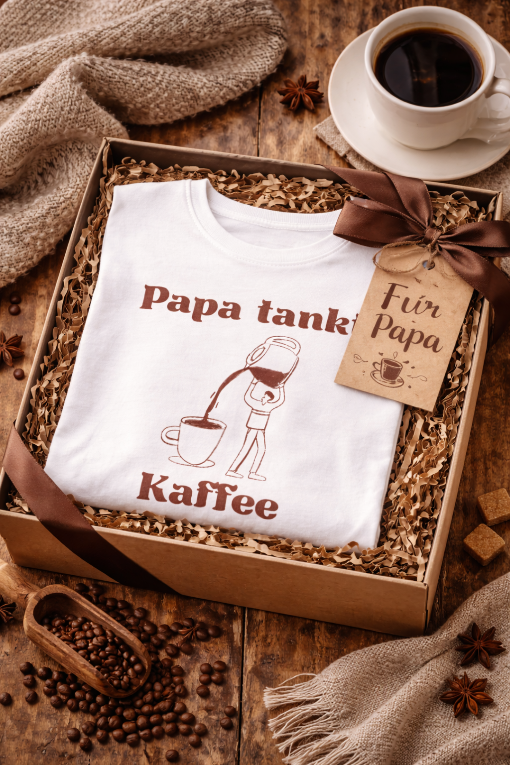 Weißes und sandfarbenes Unisex T-Shirt mit dem Aufdruck „Papa tankt Kaffee“ und einer humorvollen Illustration einer Person, die Kaffee aus einer großen Kanne in eine Tasse gießt.