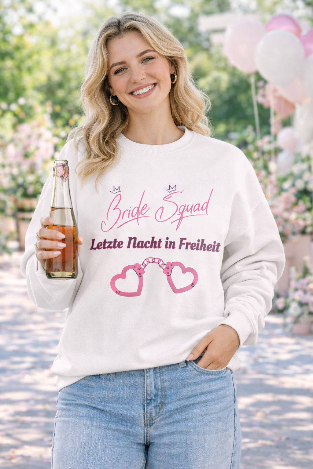 Weißes Unisex Sweatshirt mit dem Schriftzug „Bride Squad – Letzte Nacht in Freiheit“ sowie rosa Herz-Handschellen – ideales Outfit für den Junggesellinnenabschied.