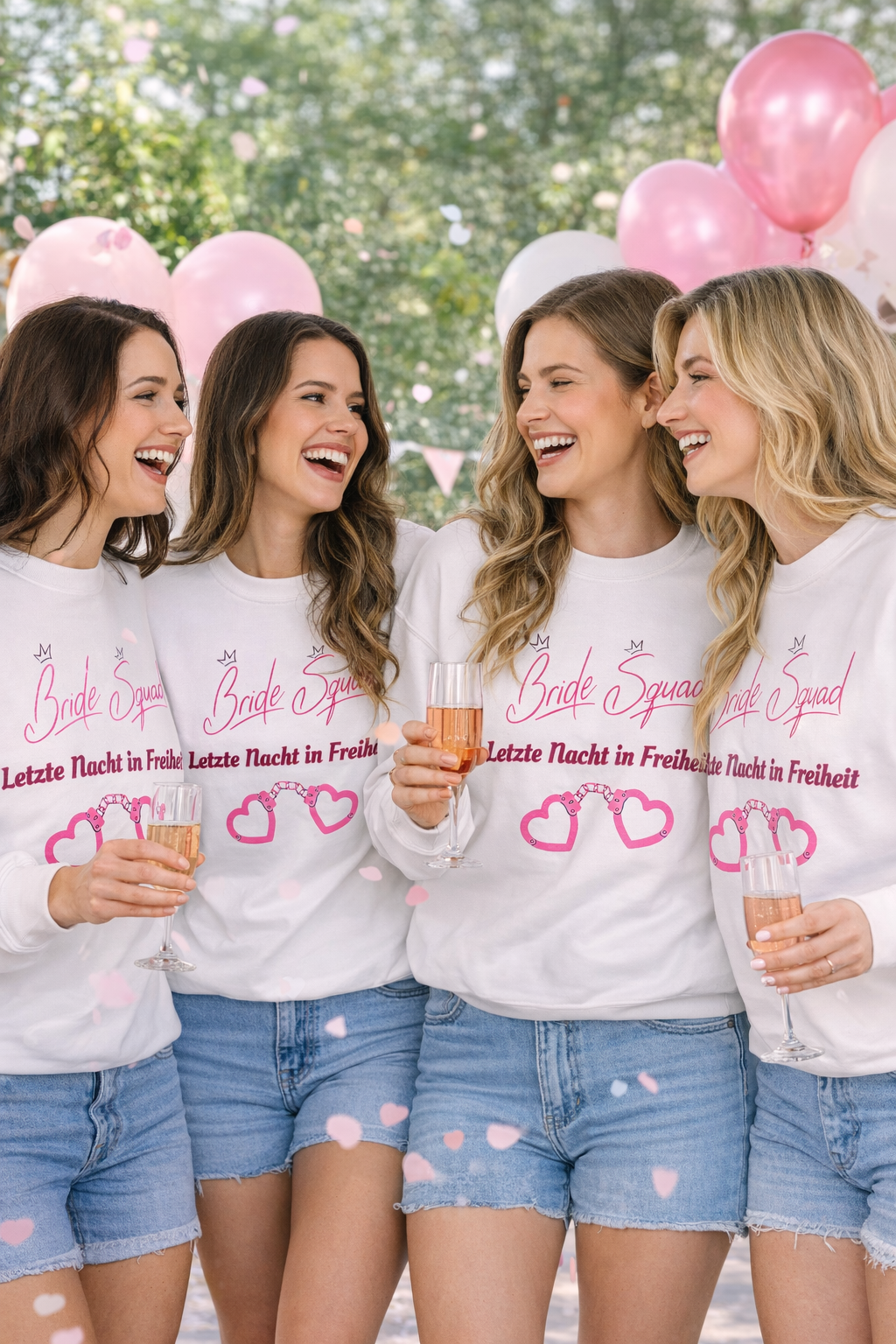 Weißes Unisex Sweatshirt mit dem Schriftzug „Bride Squad – Letzte Nacht in Freiheit“ sowie rosa Herz-Handschellen – ideales Outfit für den Junggesellinnenabschied.