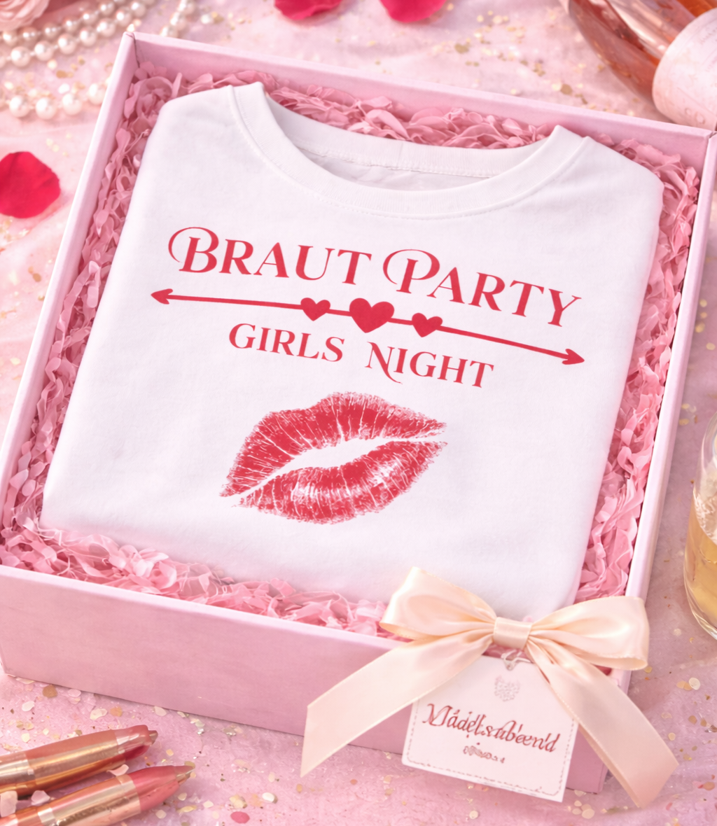 Weißes Unisex Sweatshirt mit dem Schriftzug „Braut Party Girls Night“, Herzpfeil und rotem Lippenstift-Kussmund – ideales Outfit für den Junggesellinnenabschied.