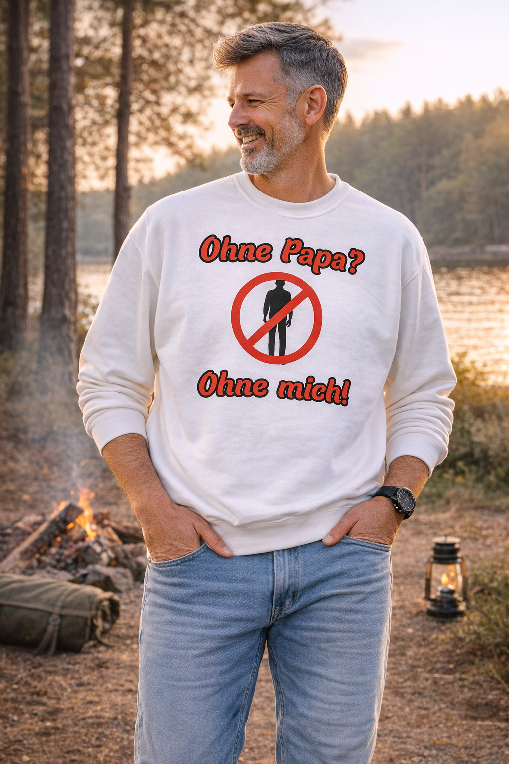 Weißes und aschefarbenes Unisex-Sweatshirt mit dem humorvollen Aufdruck „Ohne Papa? Ohne mich!“ und einem Verbotszeichen als witziges Designelement.