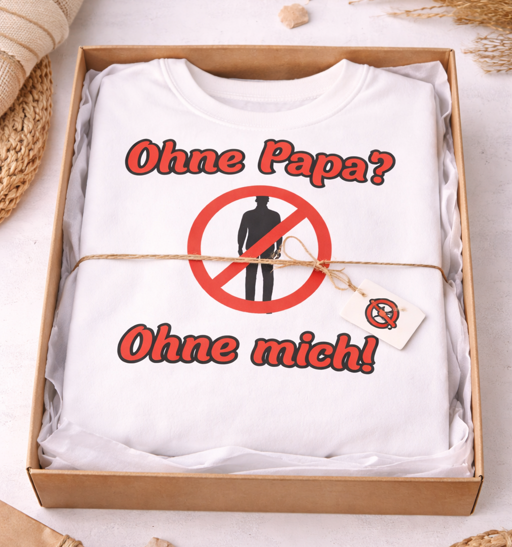 Weißes und aschefarbenes Unisex-Sweatshirt mit dem humorvollen Aufdruck „Ohne Papa? Ohne mich!“ und einem Verbotszeichen als witziges Designelement.