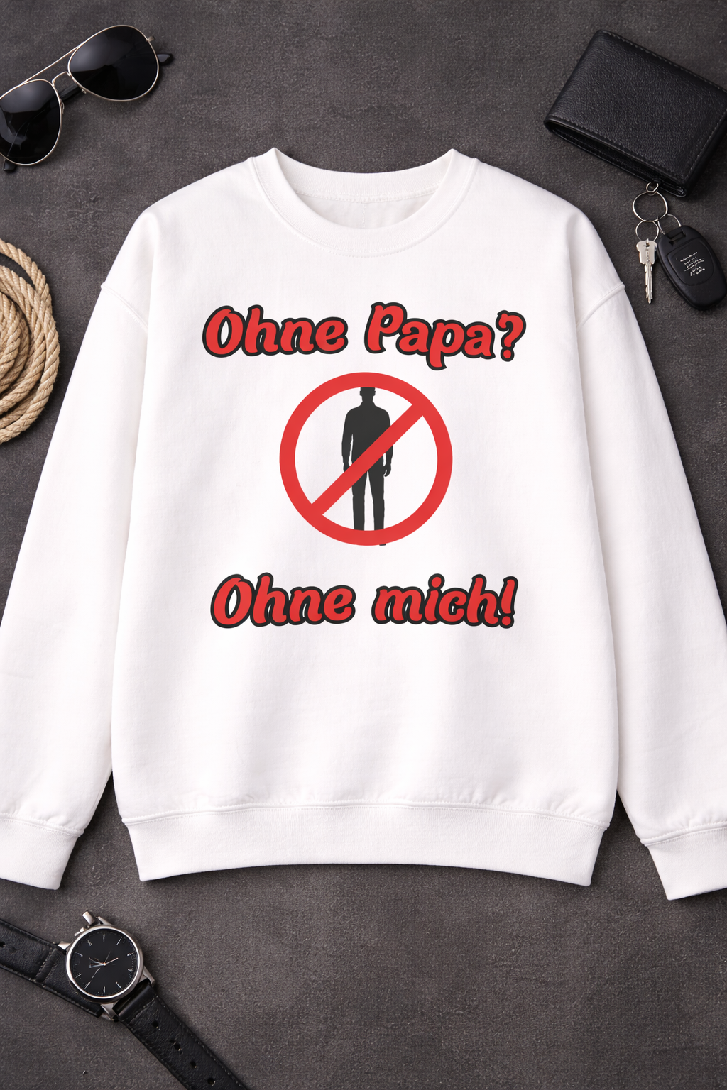 Weißes und aschefarbenes Unisex-Sweatshirt mit dem humorvollen Aufdruck „Ohne Papa? Ohne mich!“ und einem Verbotszeichen als witziges Designelement.