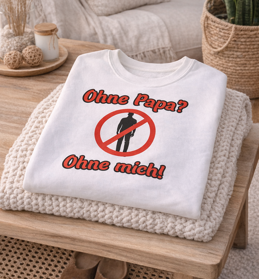 Weißes und aschefarbenes Unisex-Sweatshirt mit dem humorvollen Aufdruck „Ohne Papa? Ohne mich!“ und einem Verbotszeichen als witziges Designelement.