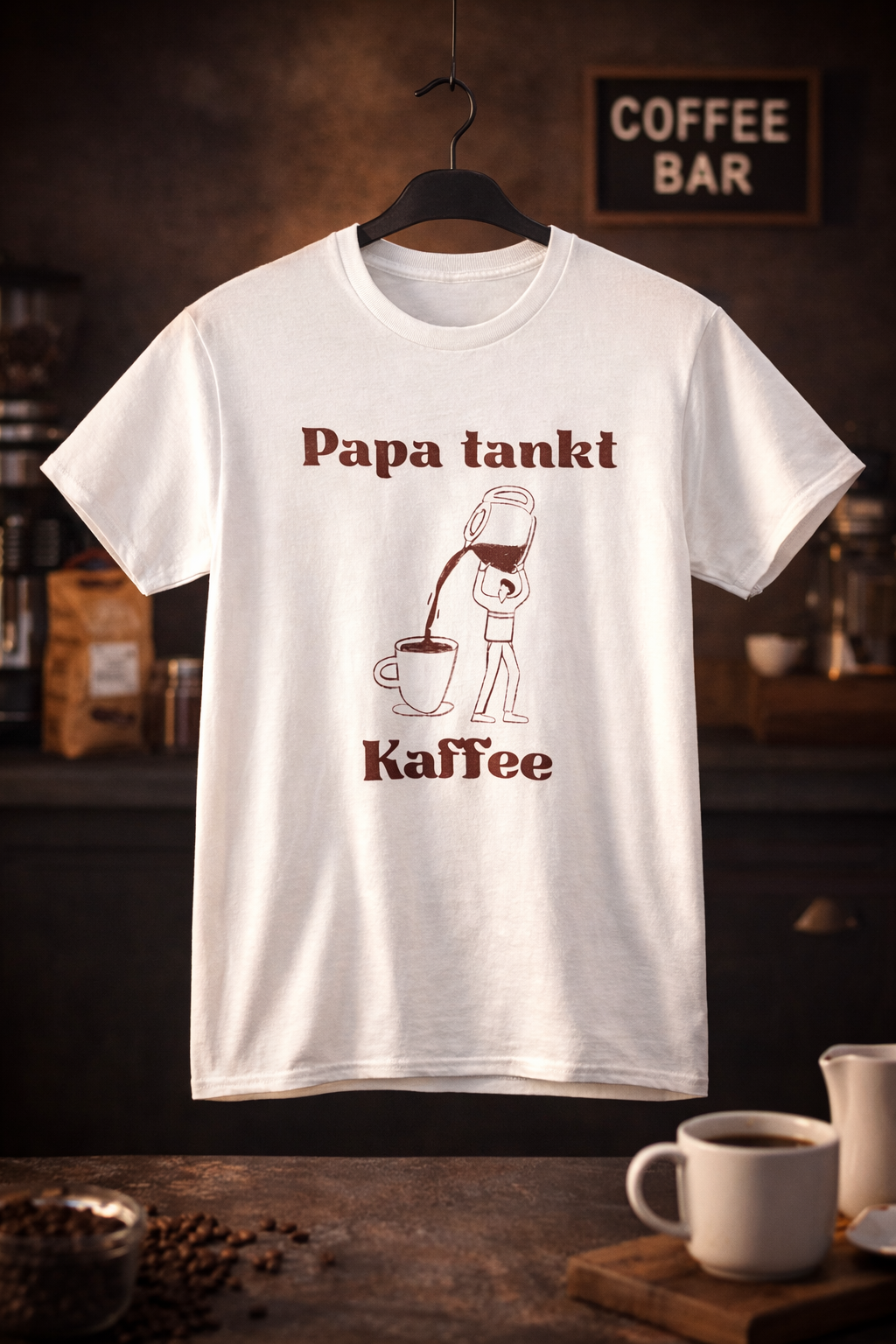 Weißes und sandfarbenes Unisex T-Shirt mit dem Aufdruck „Papa tankt Kaffee“ und einer humorvollen Illustration einer Person, die Kaffee aus einer großen Kanne in eine Tasse gießt.