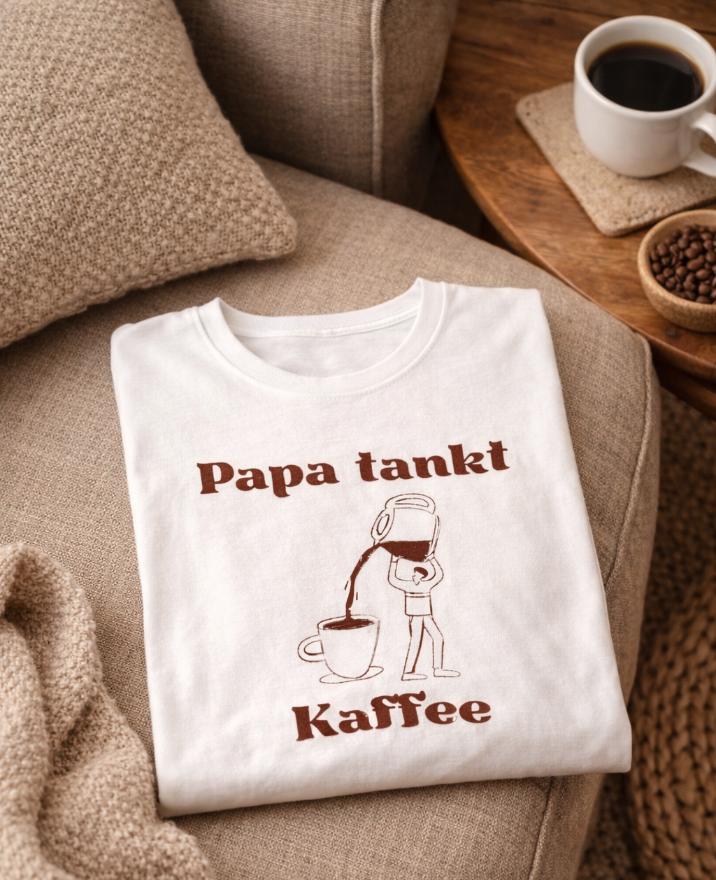 Weißes und sandfarbenes Unisex T-Shirt mit dem Aufdruck „Papa tankt Kaffee“ und einer humorvollen Illustration einer Person, die Kaffee aus einer großen Kanne in eine Tasse gießt.