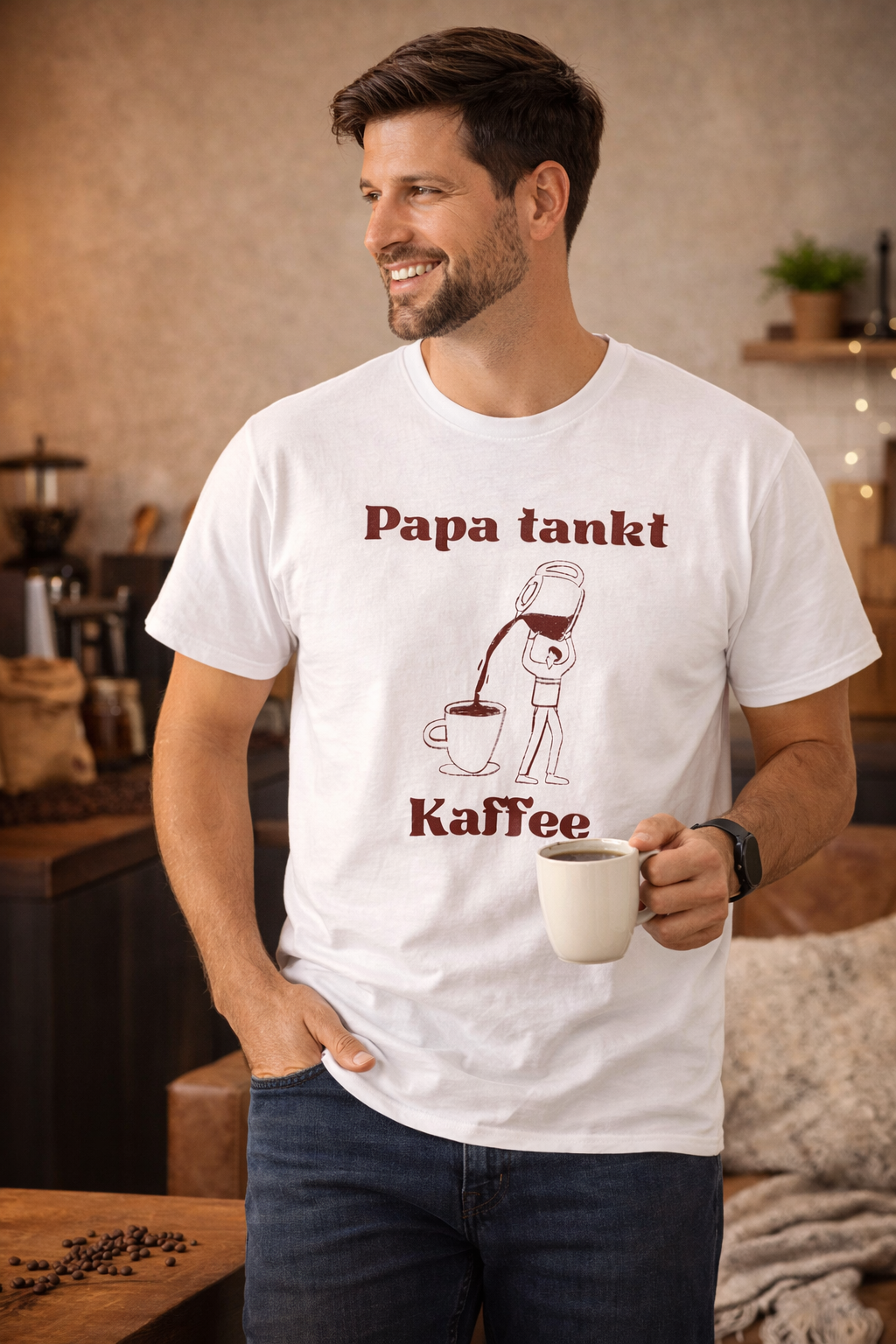 Weißes und sandfarbenes Unisex T-Shirt mit dem Aufdruck „Papa tankt Kaffee“ und einer humorvollen Illustration einer Person, die Kaffee aus einer großen Kanne in eine Tasse gießt.