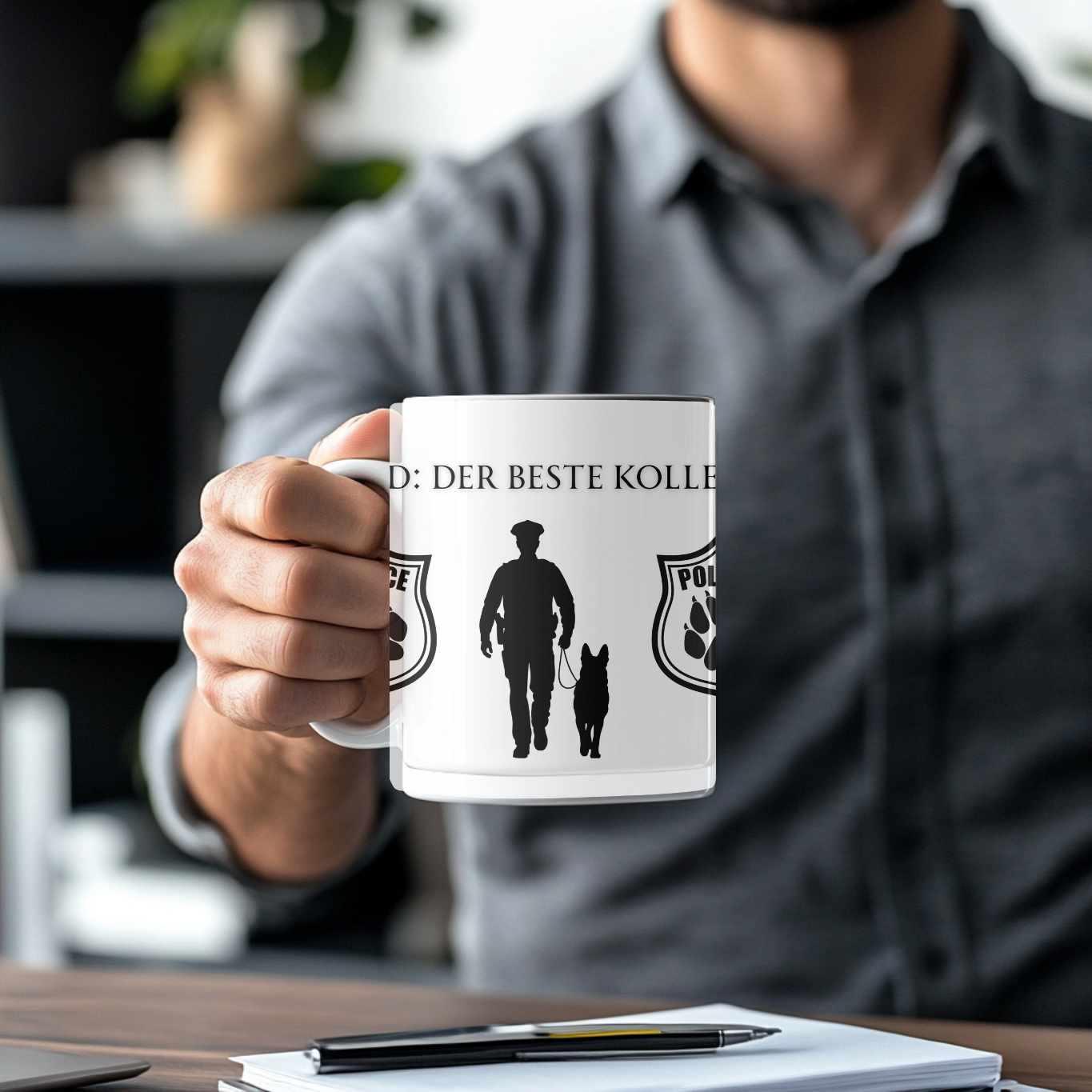 Weiße 330 ml Keramiktasse mit der Aufschrift „Der beste Kollege der Welt“, Polizeihund-Abzeichen sowie Silhouette eines Polizeibeamten mit Diensthund.