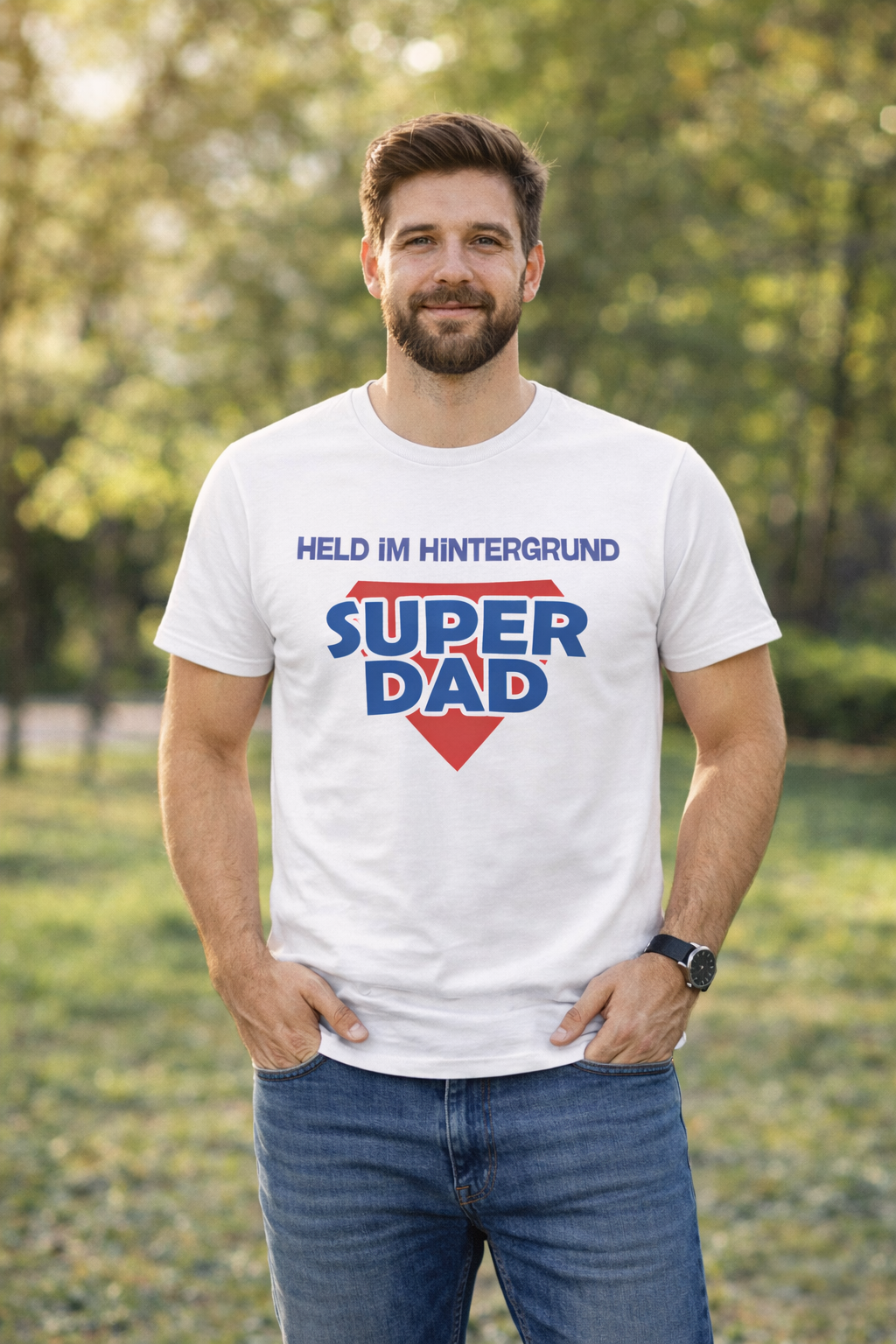Papa T-Shirt „Held im Hintergrund – Super Dad“ – Lustiges Vater Shirt – Geschenkidee für Papa