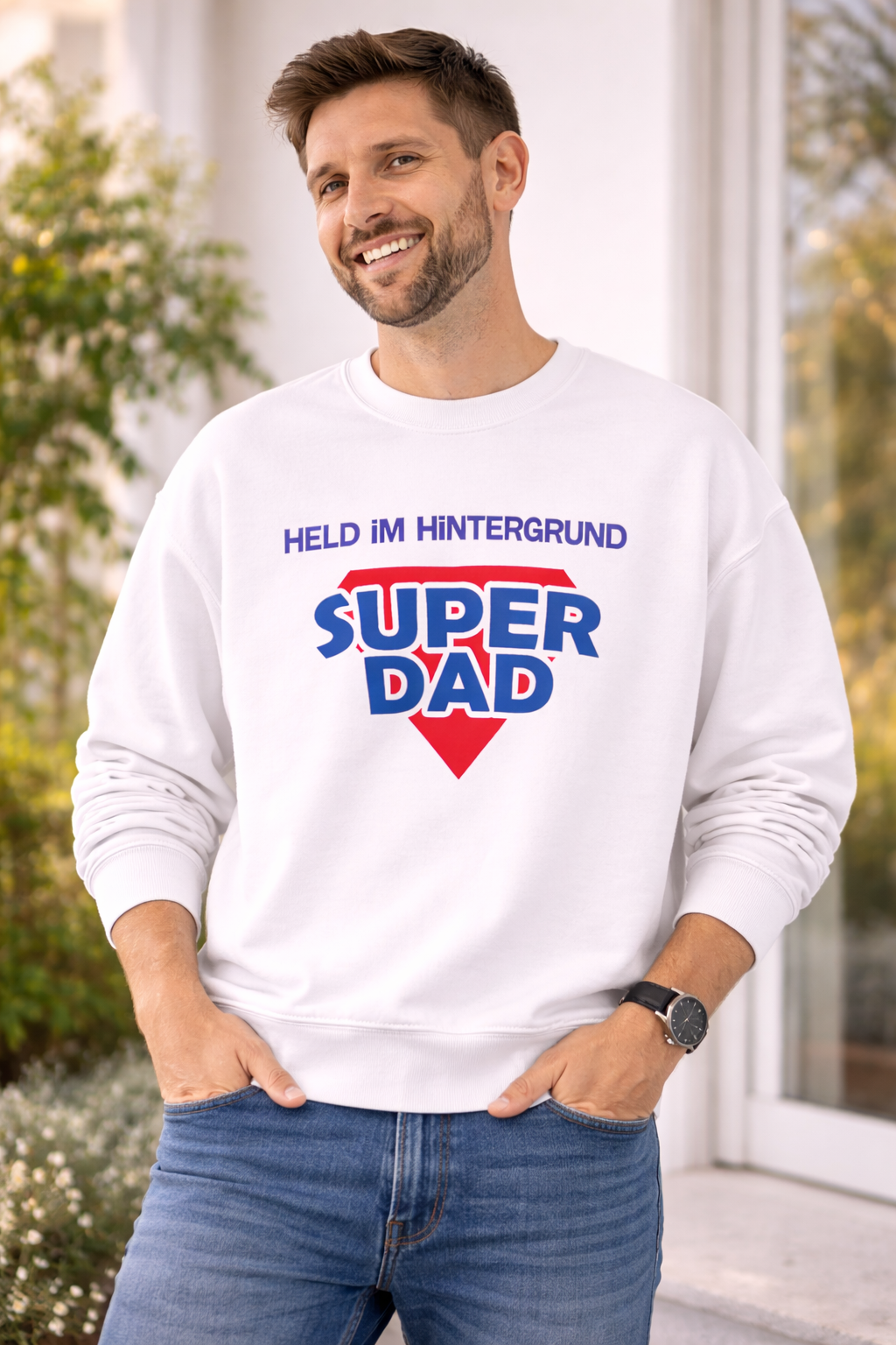 Weißes Unisex Sweatshirt mit dem Aufdruck „Held im Hintergrund – Super Dad“ als Geschenkidee für Papa zum Vatertag, Geburtstag oder Weihnachten.