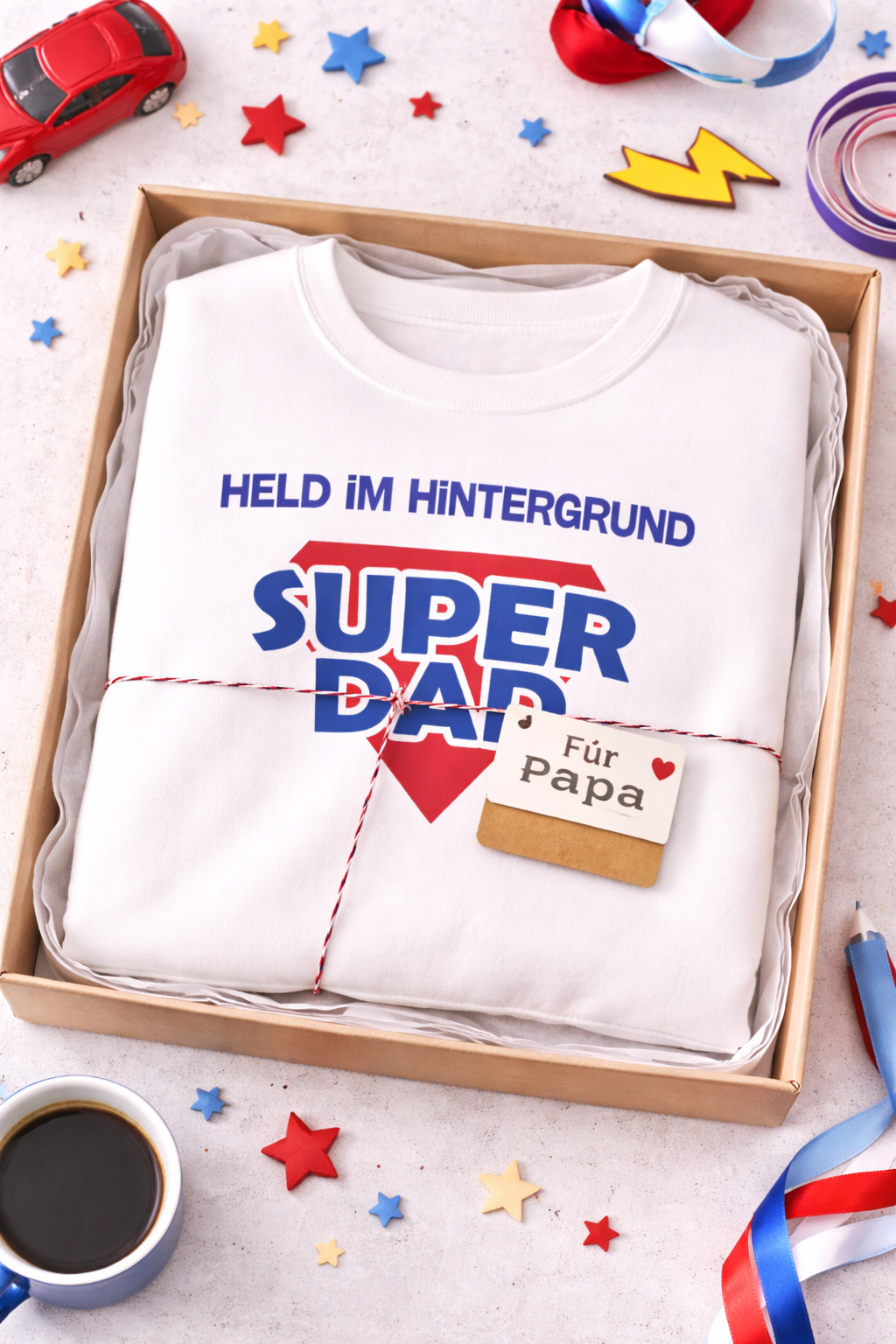 Weißes Unisex Sweatshirt mit dem Aufdruck „Held im Hintergrund – Super Dad“ als Geschenkidee für Papa zum Vatertag, Geburtstag oder Weihnachten.