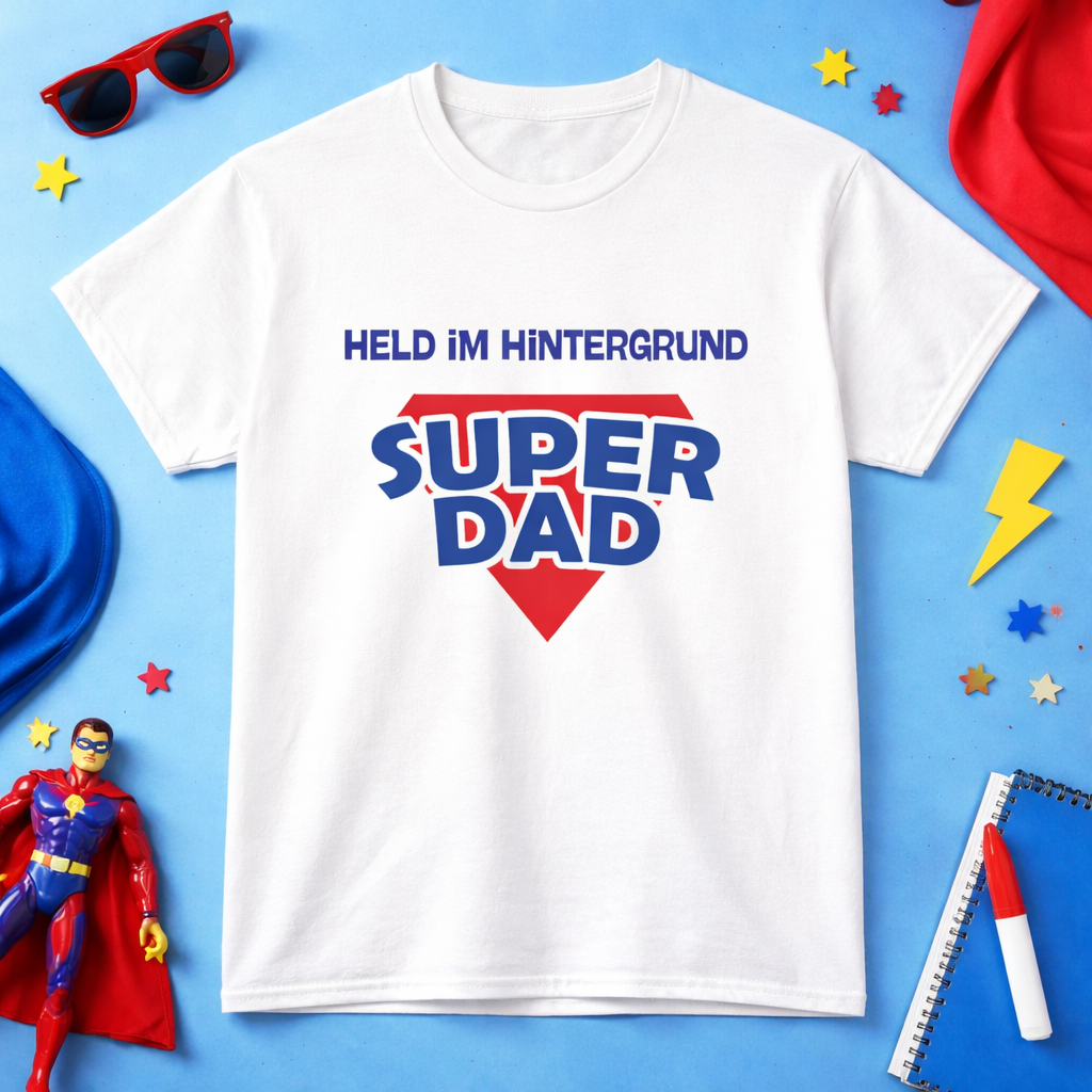 Papa T-Shirt „Held im Hintergrund – Super Dad“ – Lustiges Vater Shirt – Geschenkidee für Papa