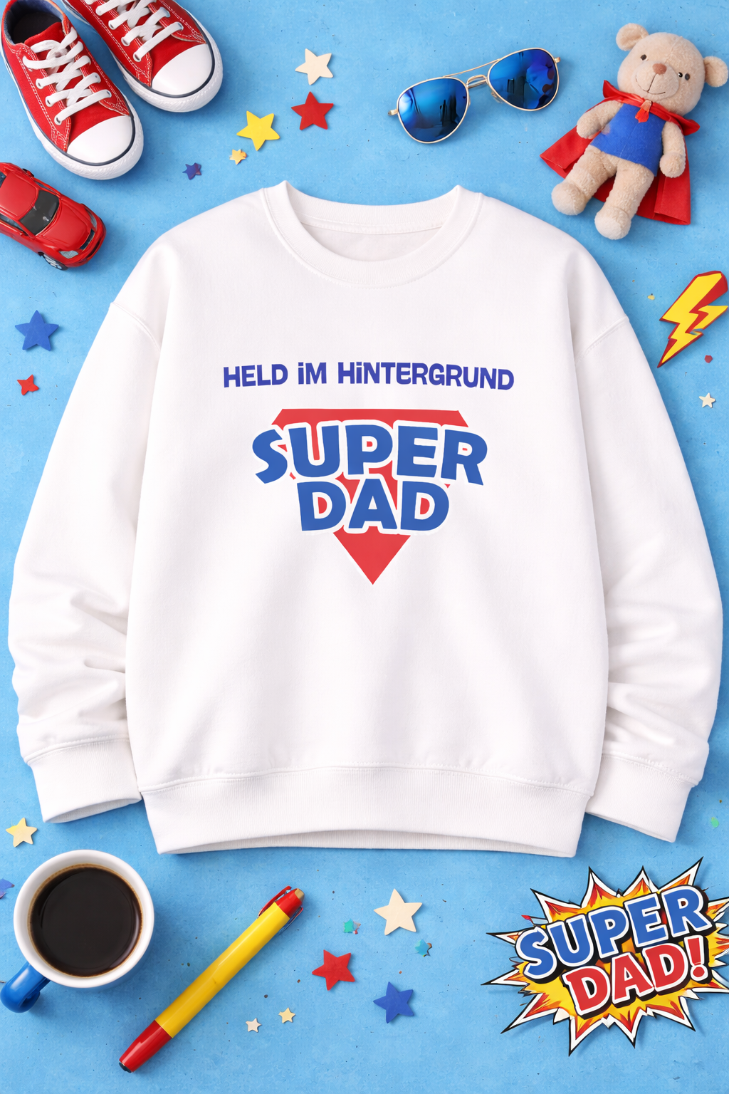 Weißes Unisex Sweatshirt mit dem Aufdruck „Held im Hintergrund – Super Dad“ als Geschenkidee für Papa zum Vatertag, Geburtstag oder Weihnachten.