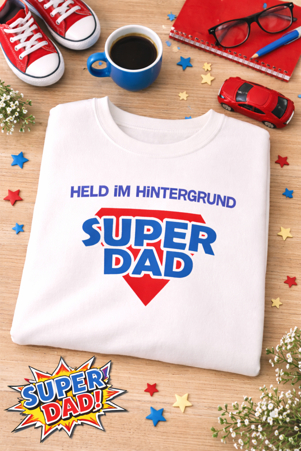 Weißes Unisex Sweatshirt mit dem Aufdruck „Held im Hintergrund – Super Dad“ als Geschenkidee für Papa zum Vatertag, Geburtstag oder Weihnachten.