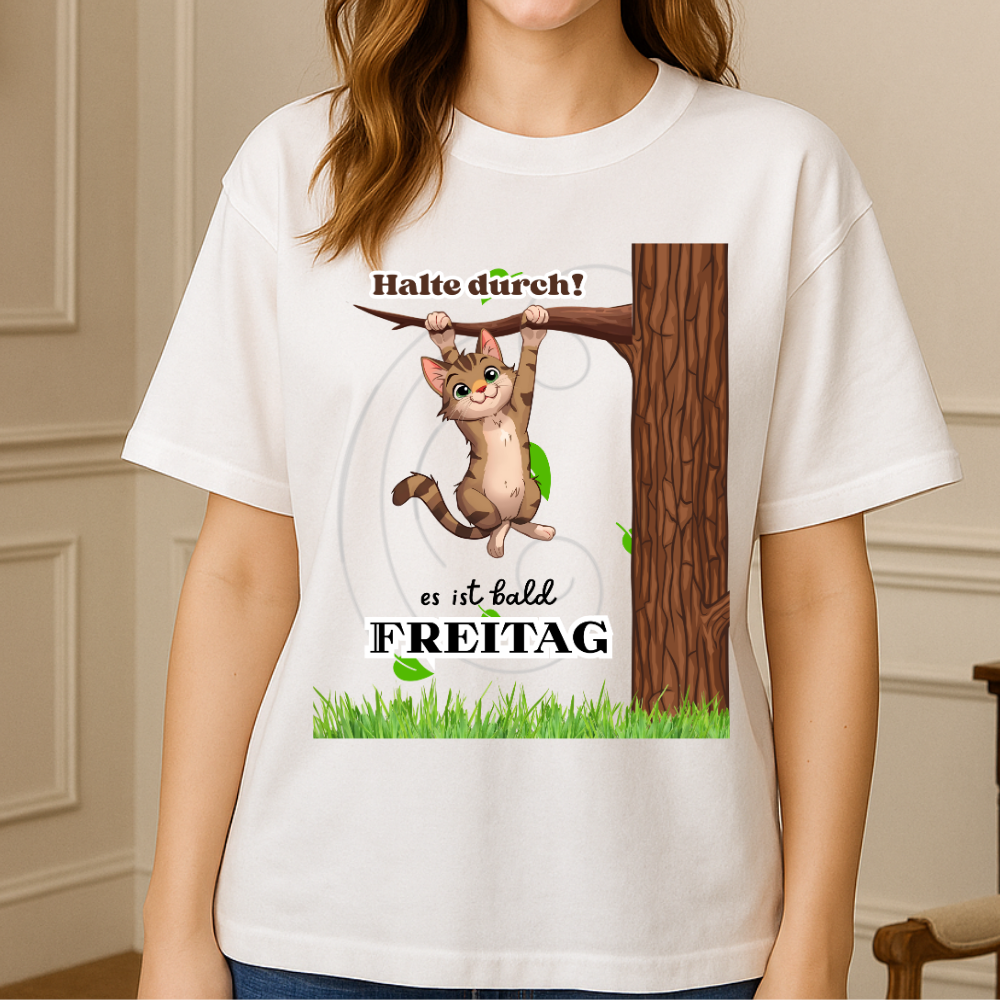 Weißes Unisex T-Shirt mit einer niedlichen Katze, die an einem Ast hängt, und dem Spruch „Halte durch, es ist bald Freitag“ – lustiges Katzenmotiv für Büro und Freizeit.