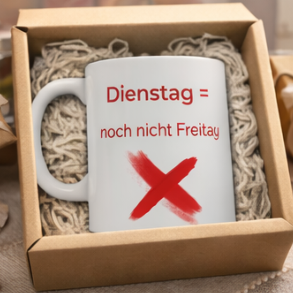 Weiße 300-ml-Keramiktasse mit dem humorvollen Spruch „Dienstag = noch nicht Freitag“ und einem roten X als witziges Büro- und Homeoffice-Geschenk.