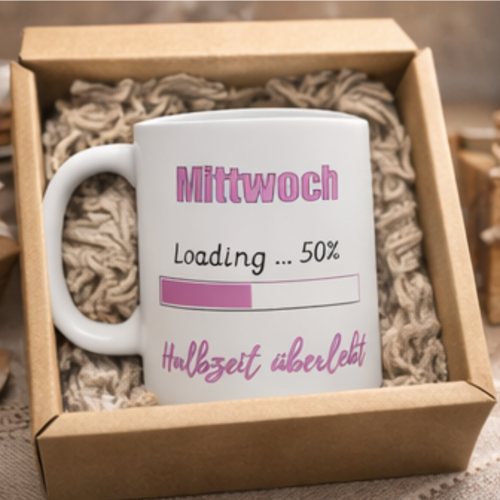 Weiße 300-ml-Keramiktasse mit dem Spruch „Mittwoch – Halbzeit überlebt“ und einem 50-Prozent-Ladebalken – lustige Bürotasse für die Wochenmitte.